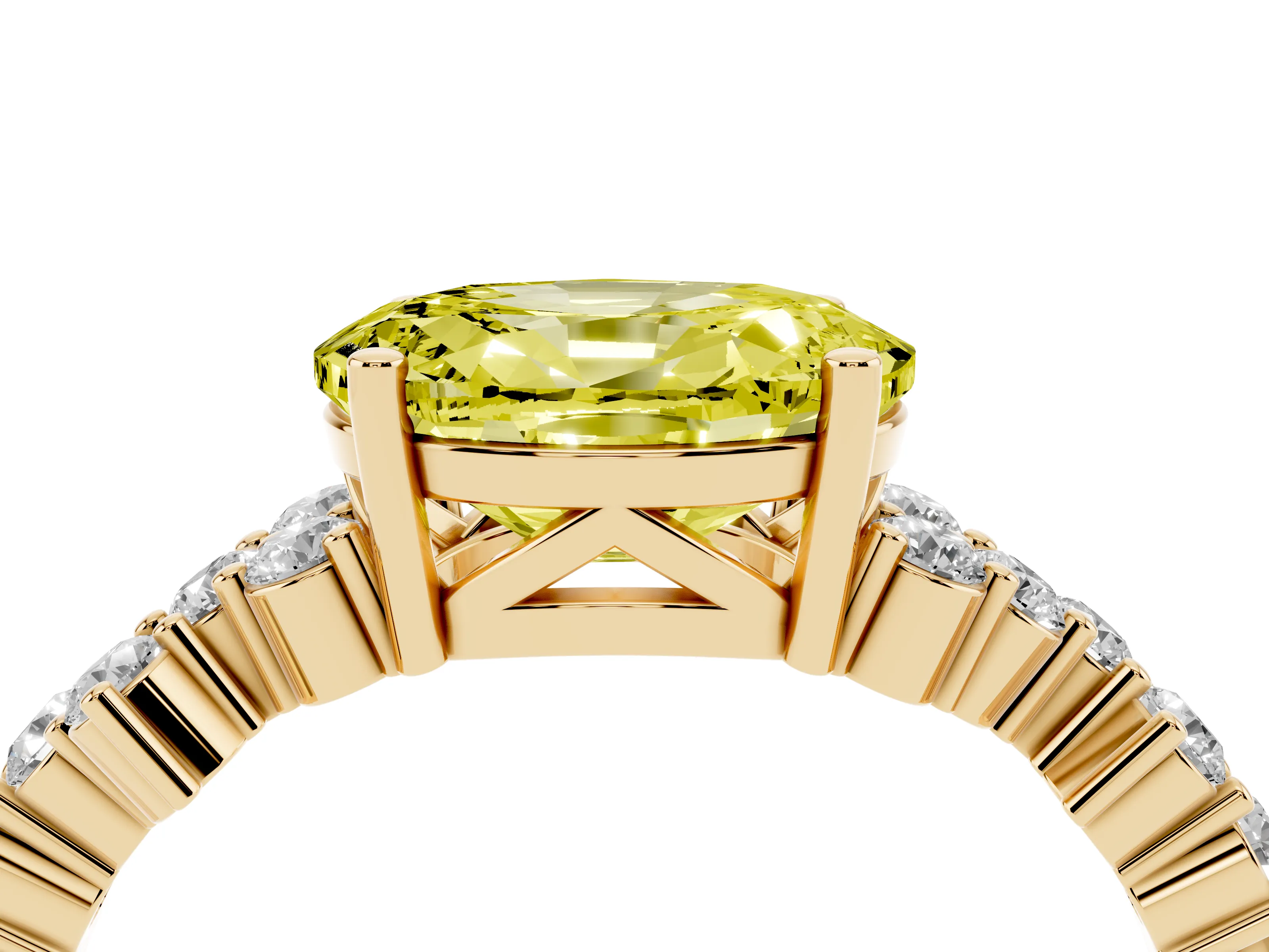 Fancy Yellow Oval Cut Diamond Ring Set in Yellow gold with Scattered Round Accents