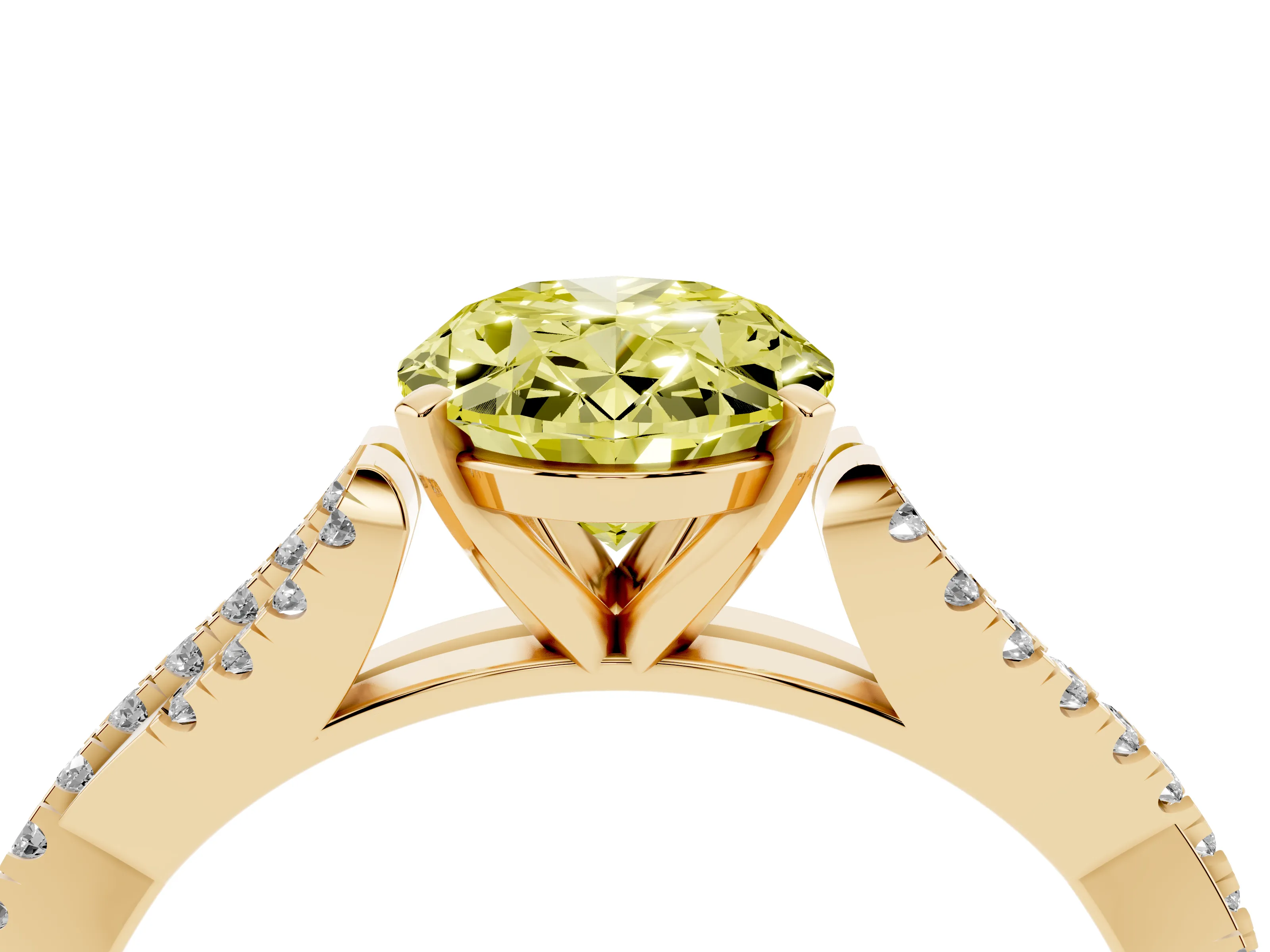 Fancy Yellow Oval Cut Diamond Solitaire Engagement Ring Set in Yellow gold with Twisted Pavé Band and Prong Setting