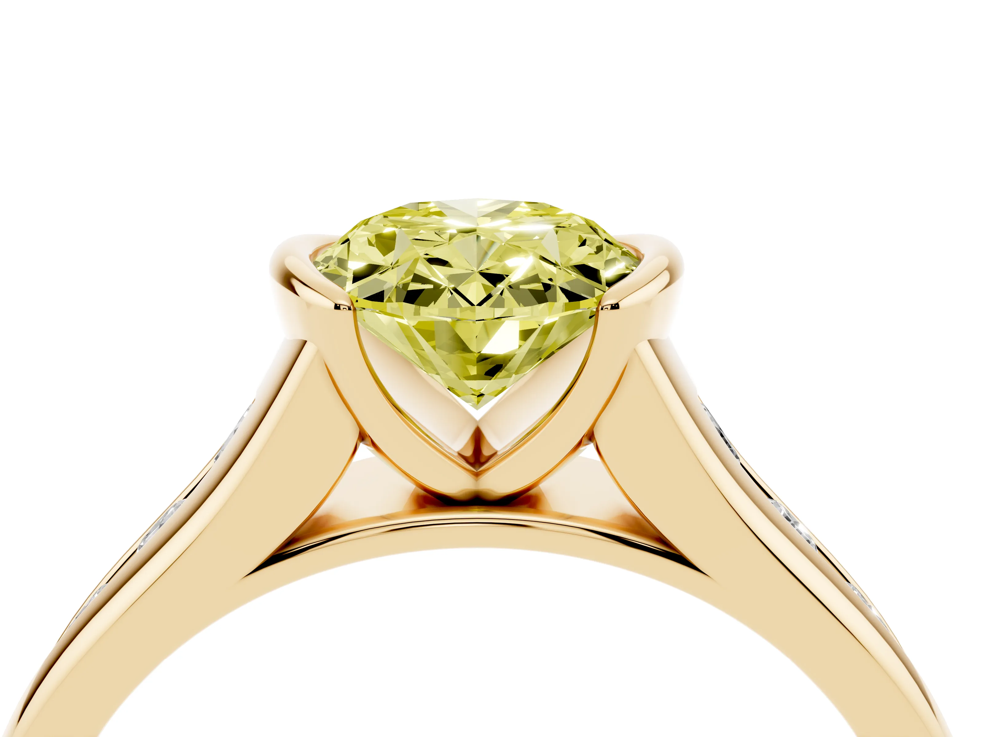 Fancy Yellow Oval Cut Diamond Bezel-Set Solitaire Ring Set in Yellow gold with Channel-Set Band