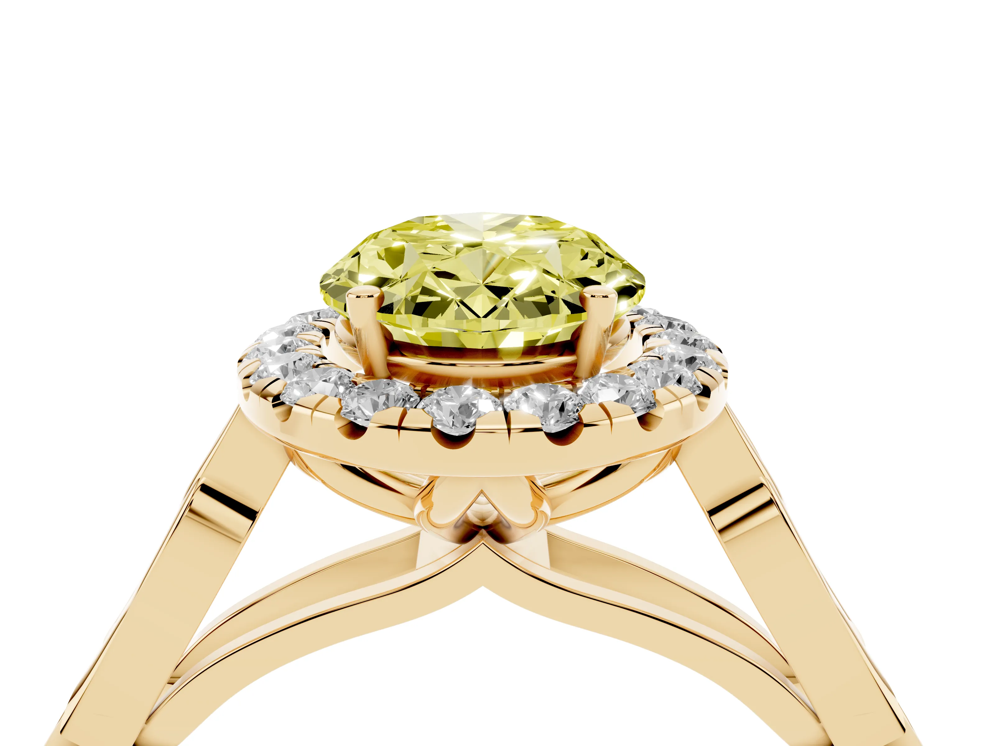Fancy Yellow Oval Cut Diamond Halo Engagement Ring Set in Yellow gold with Filigree Band and Prong-Set Center