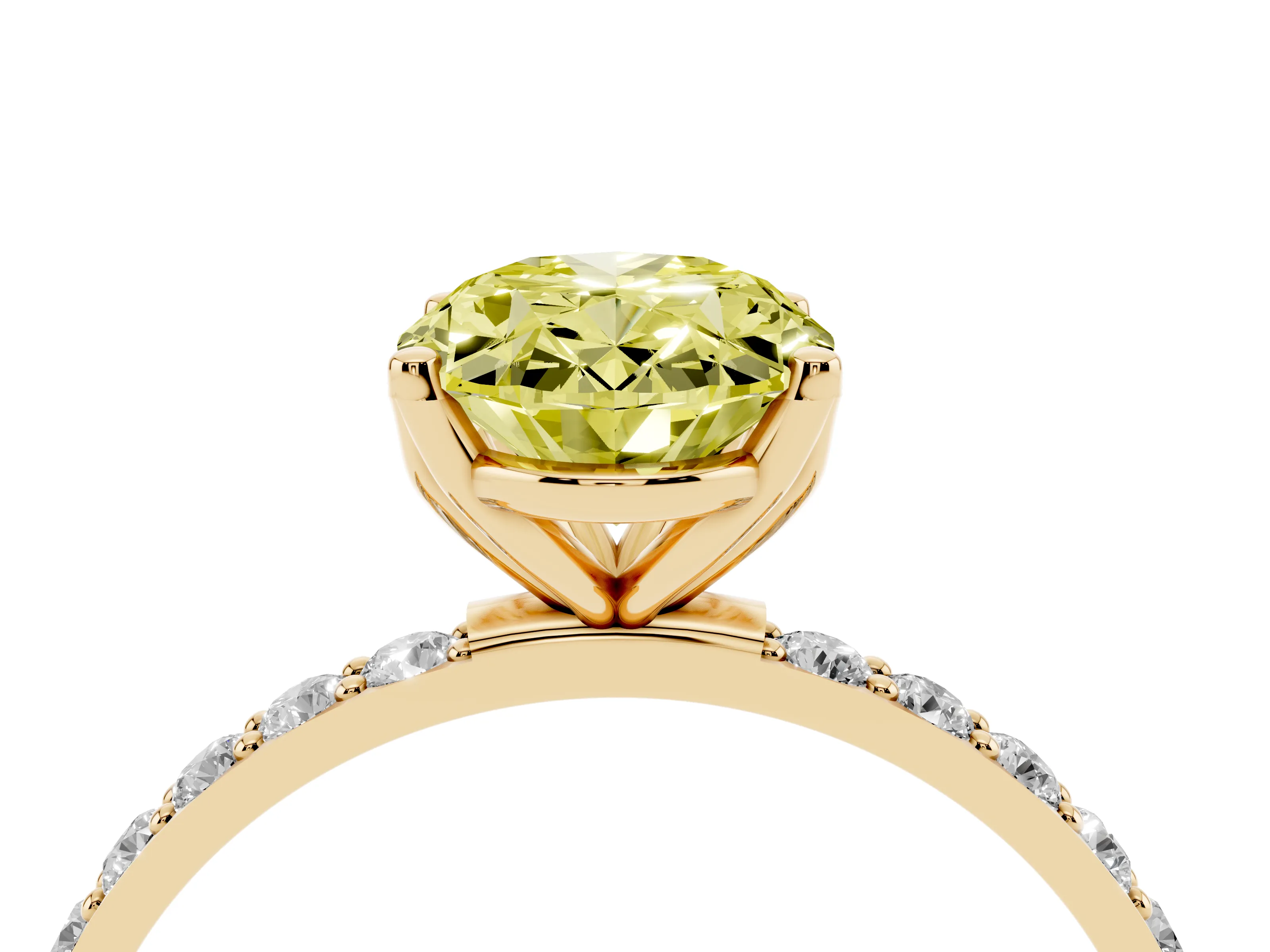 Fancy Yellow Oval Cut Diamond Solitaire Engagement Ring Set in Yellow gold with Round Pavé Band and Prong Setting