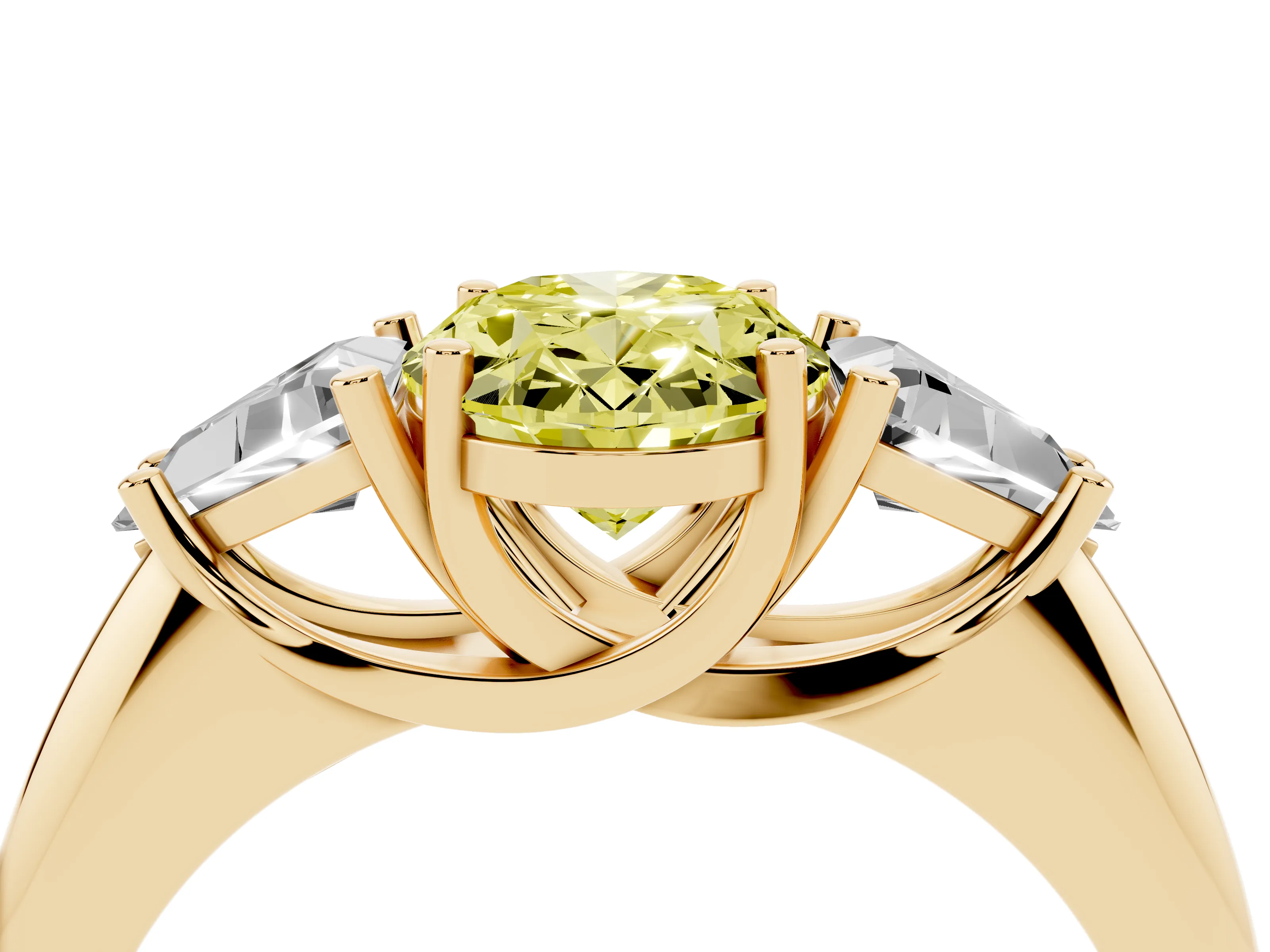 Fancy Yellow Oval Cut Diamond Three-Stone Engagement Ring Set in Yellow gold with Trillion Side Stones