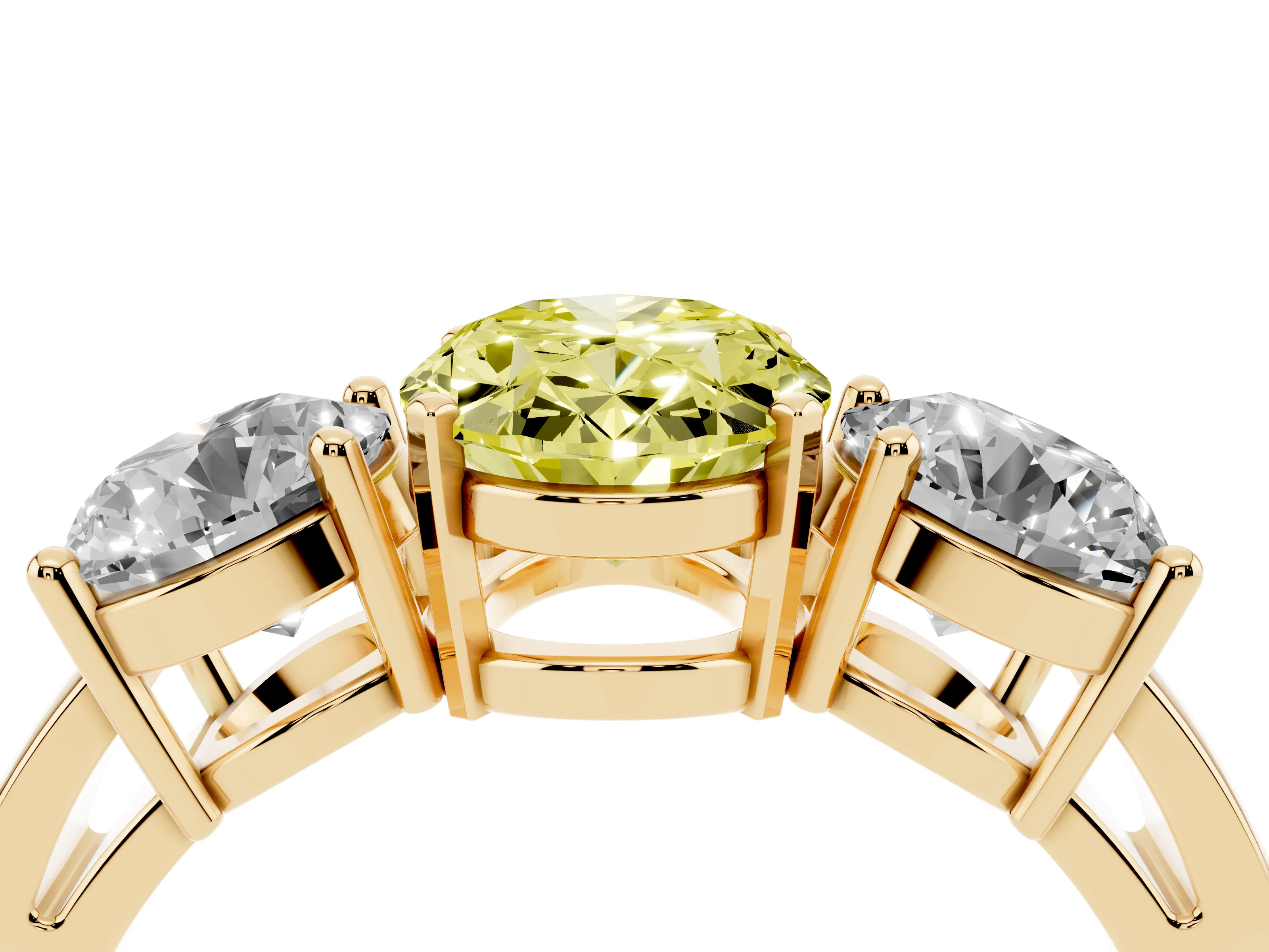 Fancy Yellow Oval Cut Diamond Three-Stone Ring Set in Yellow gold with Round Side Stones and Classic Band