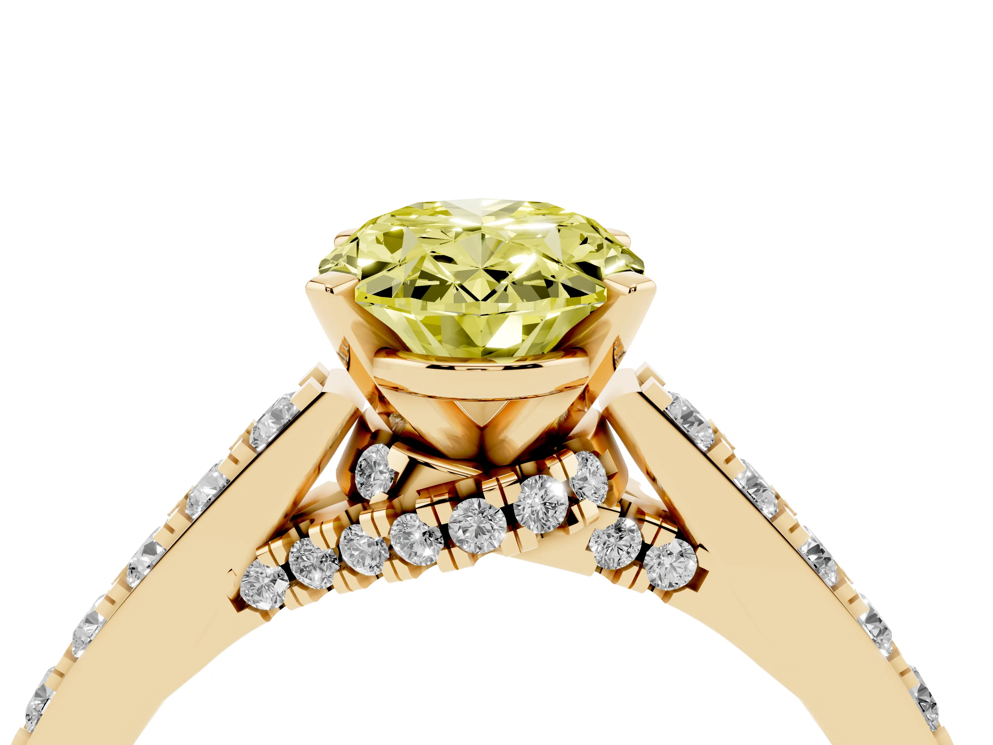 Fancy Yellow Oval Cut Diamond Solitaire Ring Set in Yellow gold with Crossover Gallery and Round Pavé Band