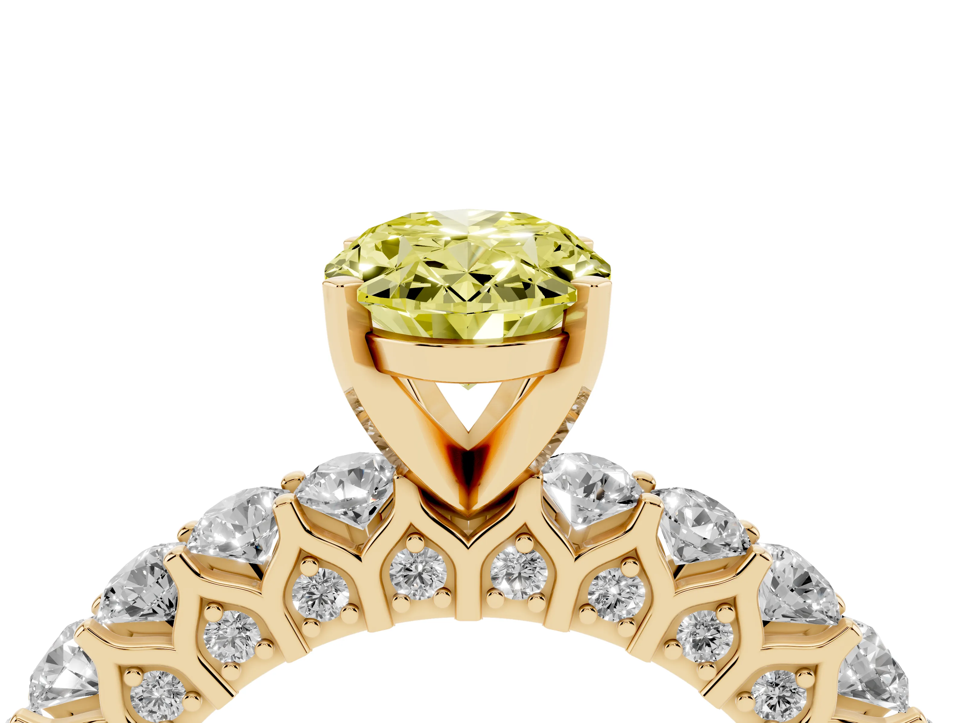 Fancy Yellow Oval Cut Diamond Solitaire Ring Set in Yellow gold with Shared Prong Pavé Band