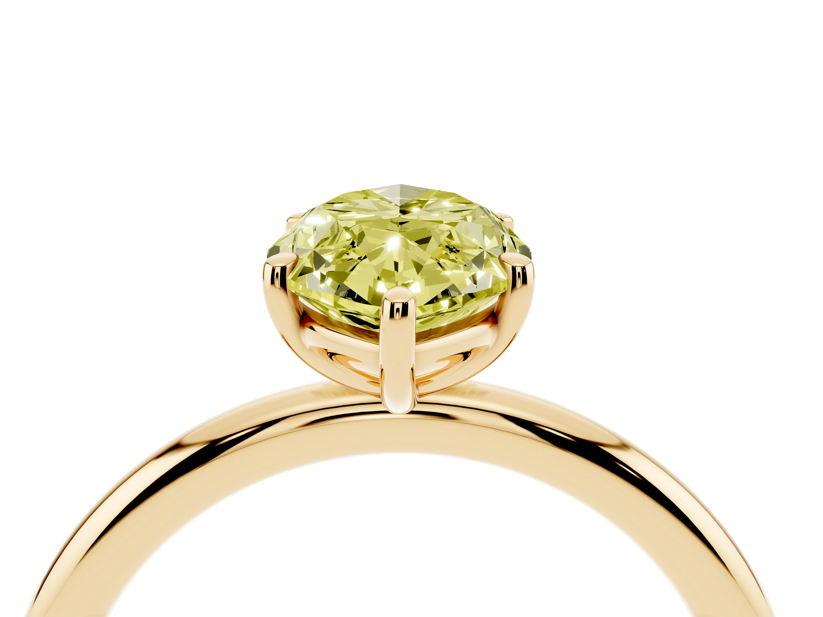 Fancy Yellow Oval Cut Diamond Solitaire Ring Set in Yellow gold with Prong Setting on a Polished Plain Band