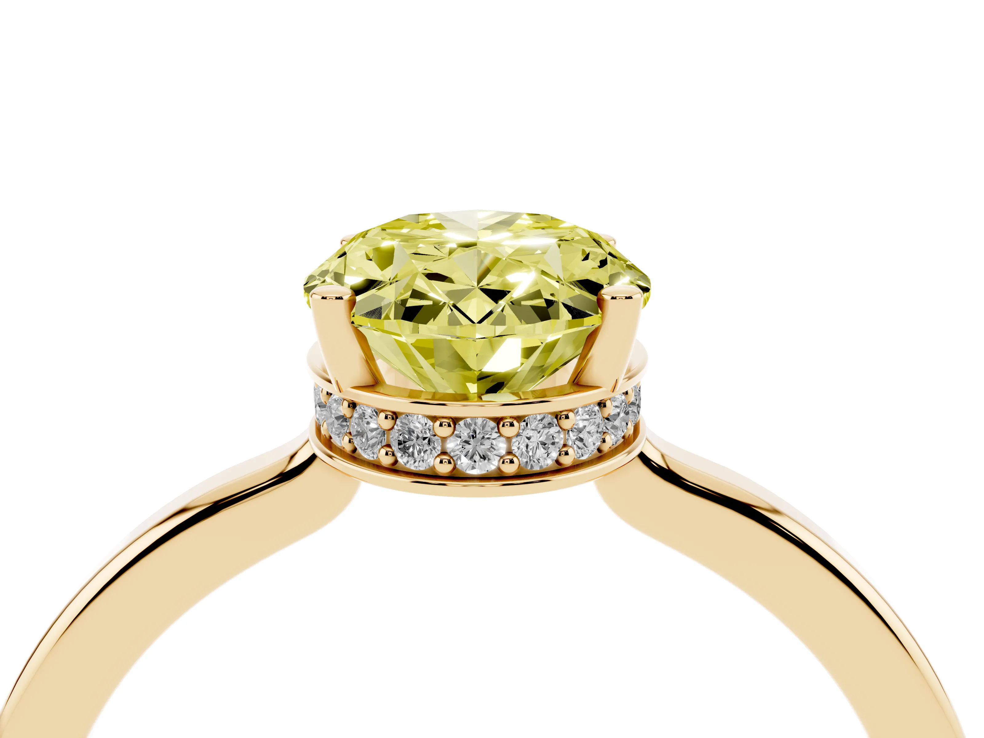 Fancy Yellow Oval Cut Diamond Solitaire Engagement Ring Set in Yellow gold with Prong Setting on a Plain Band