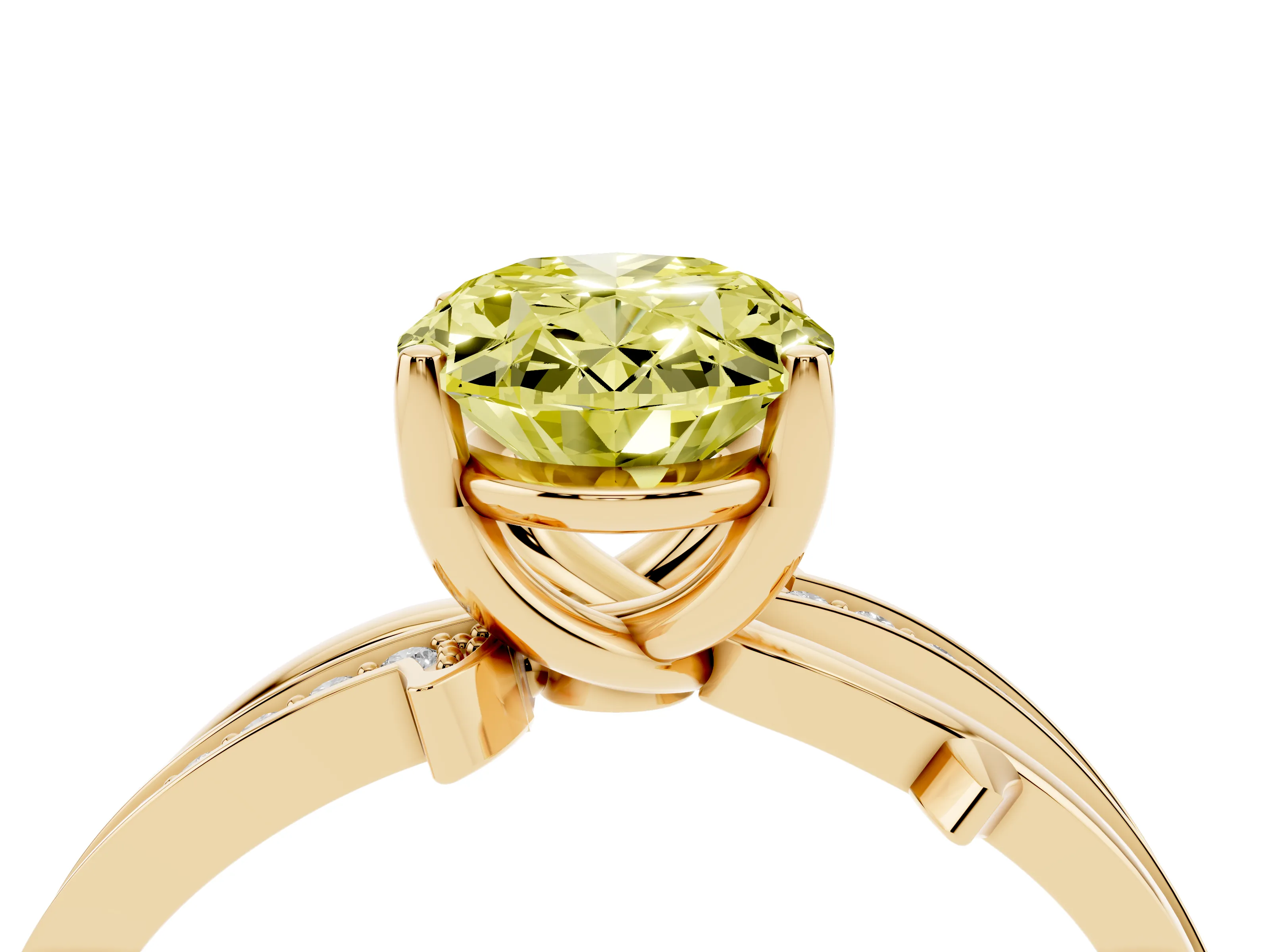 Fancy Yellow Oval Cut Diamond Pavé Twist Band Solitaire Ring Set in Yellow gold with Prong Setting