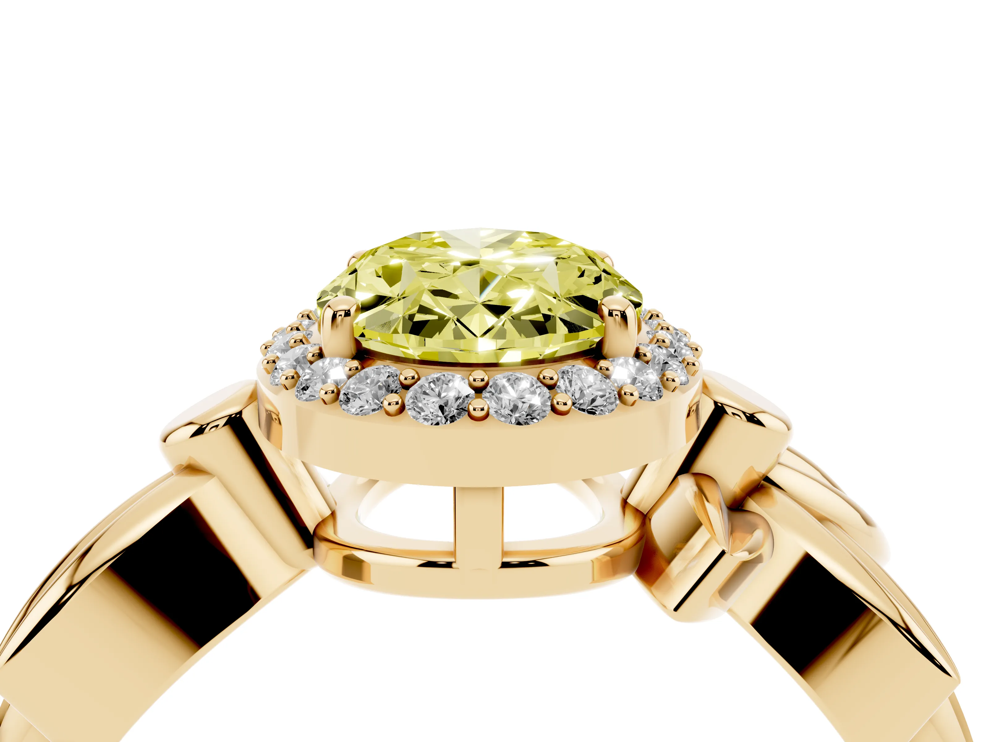 Fancy Yellow Oval Cut Diamond Halo Floral Band Ring Set in Yellow gold with Prong Setting