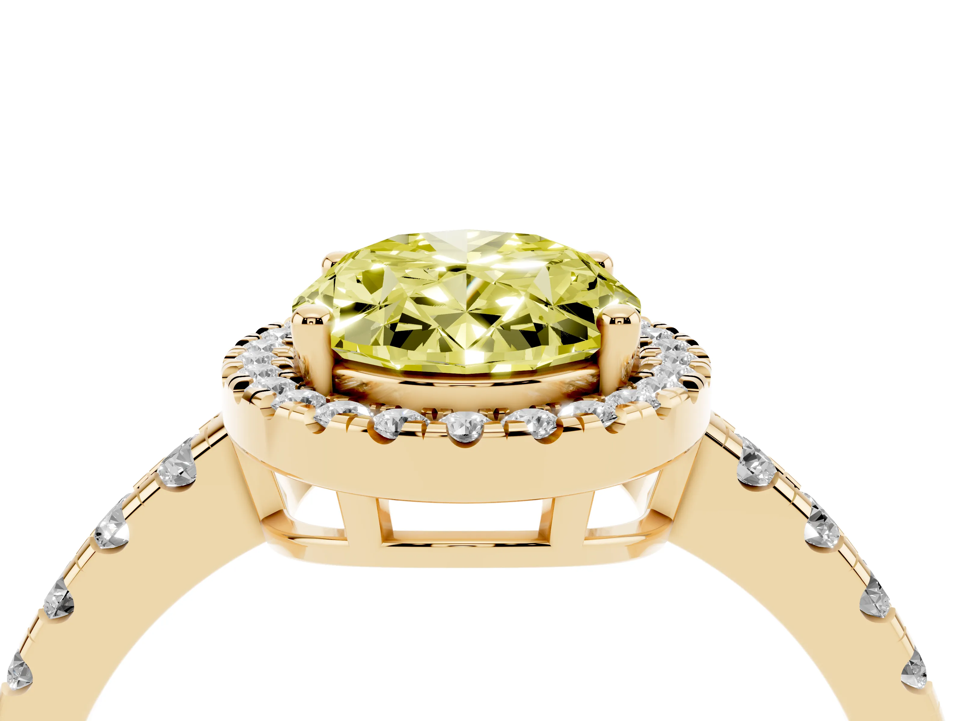 Fancy Yellow Oval Cut Diamond Halo Ring Set in Yellow gold with Delicate Pavé Band and Prong Setting