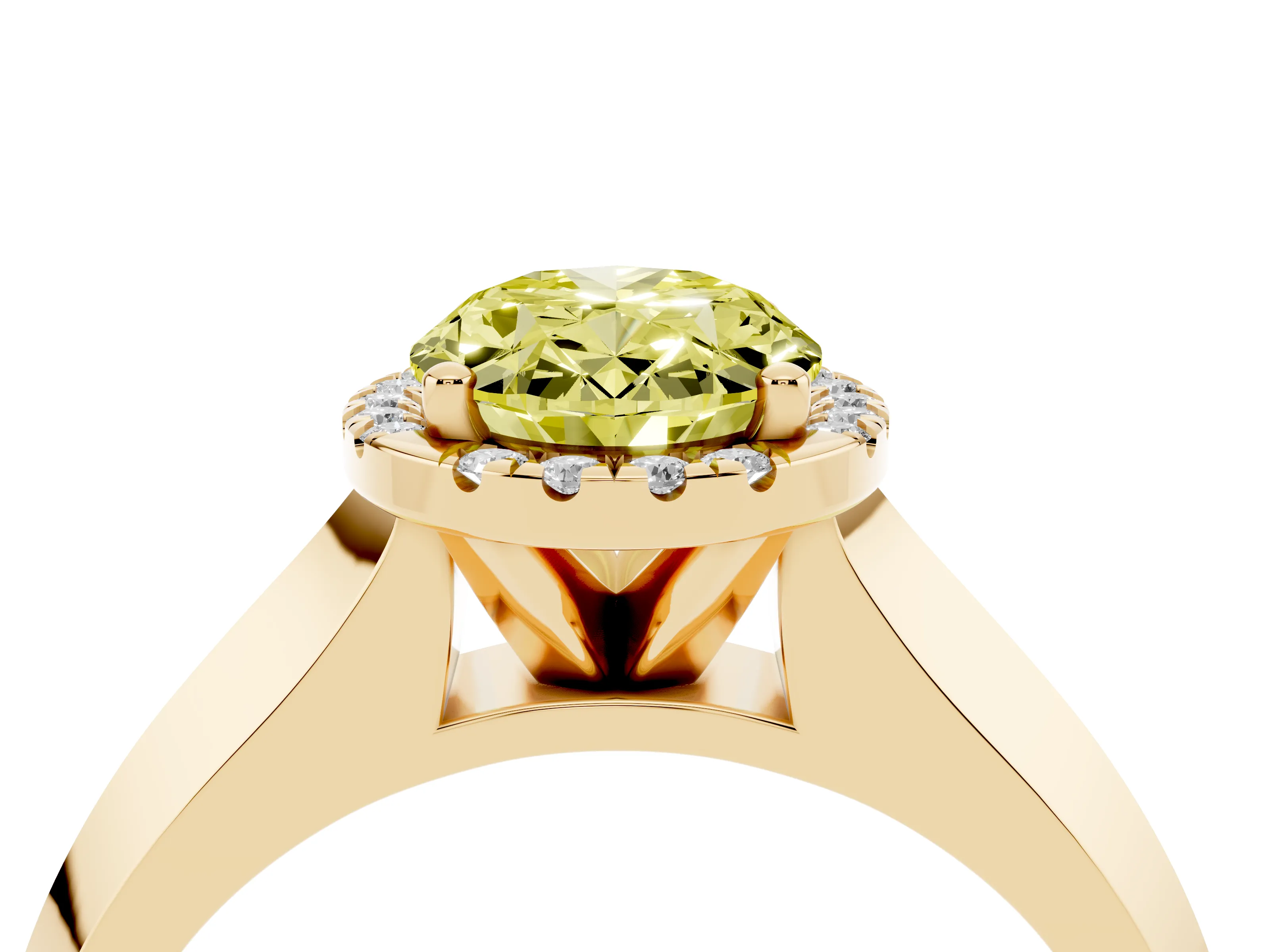 Fancy Yellow Oval Cut Diamond Halo Ring Set in Yellow gold with Cathedral Band and Prong Setting