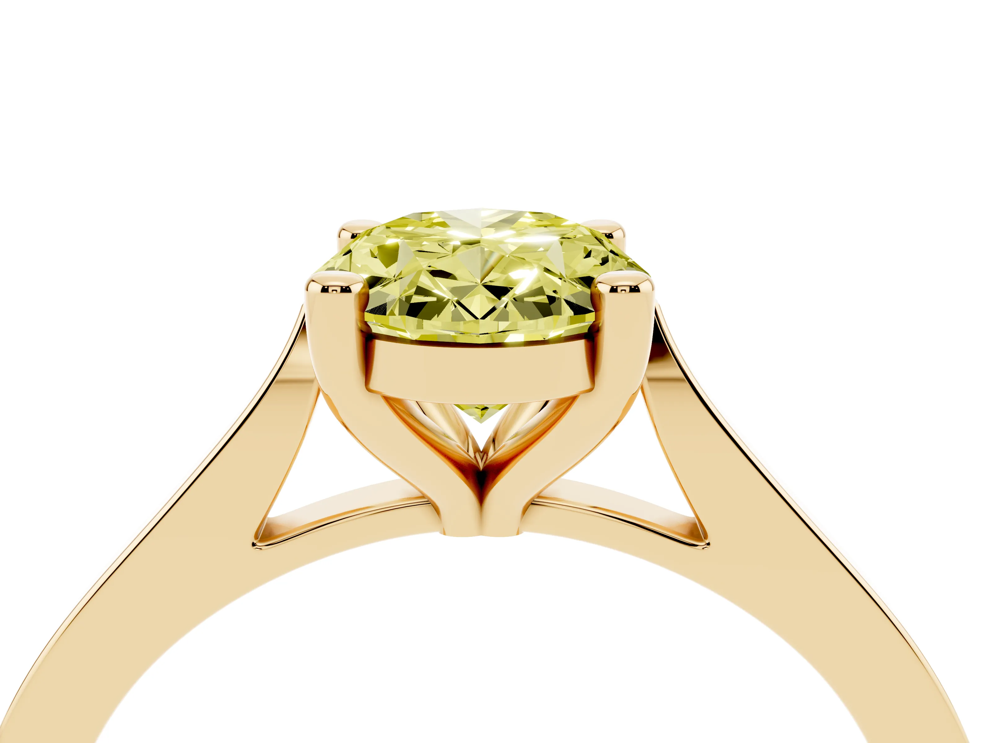 Fancy Yellow Oval Cut Diamond Solitaire Ring Set in Yellow gold with Prong Setting and Tapered Band