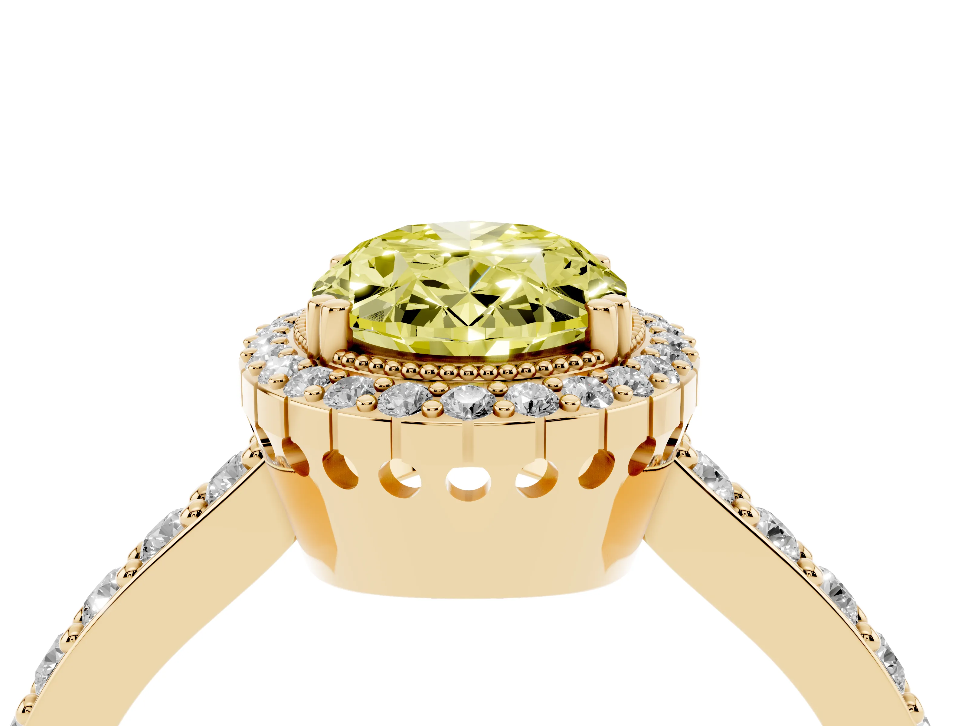 Fancy Yellow Oval Cut Diamond Halo Engagement Ring Set in Yellow gold with Milgrain Detail and Pavé Band