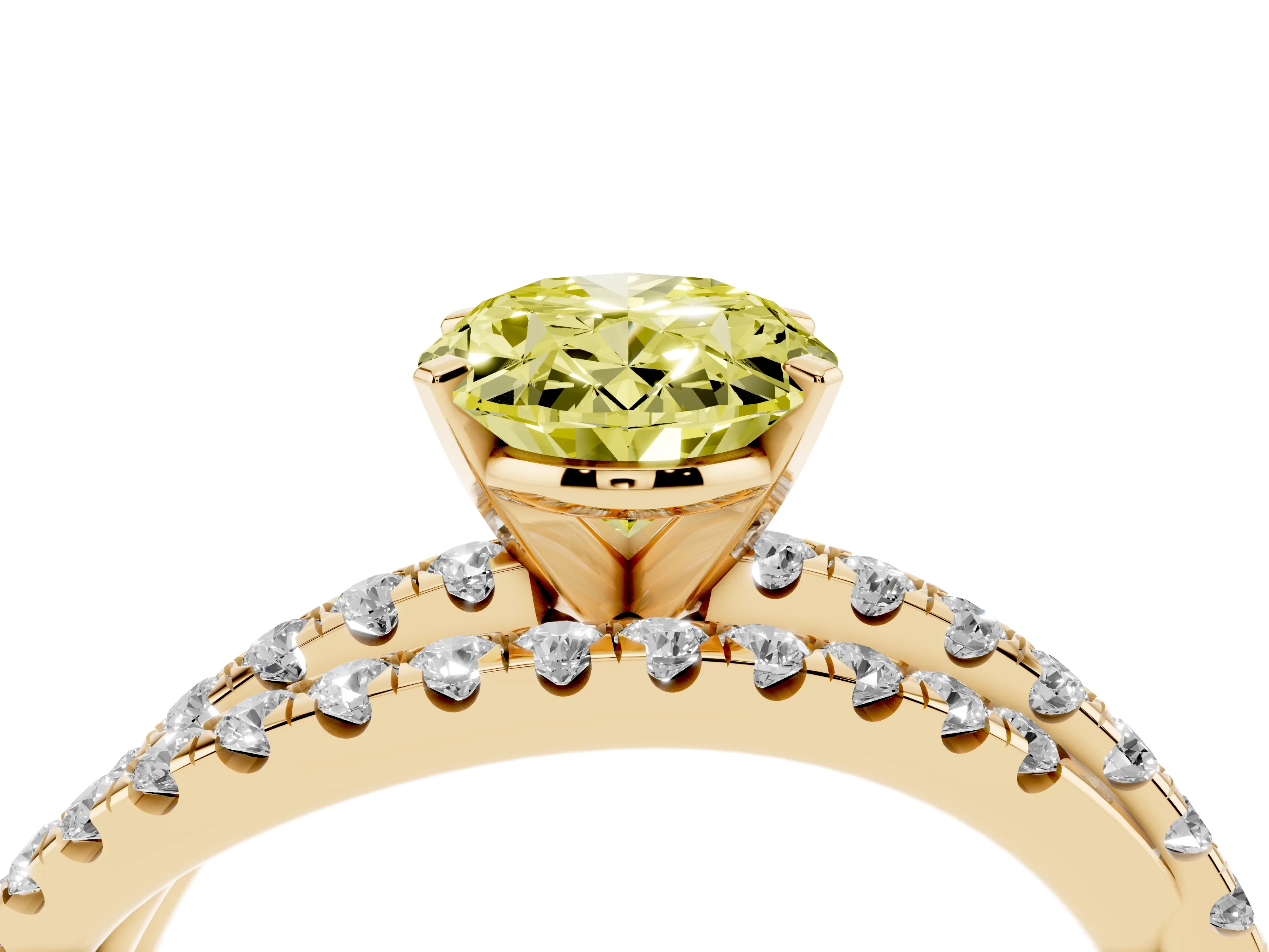 Fancy Yellow Oval Cut Diamond Solitaire Twist Band Ring Set in Yellow gold with Pavé Setting and Prong Head