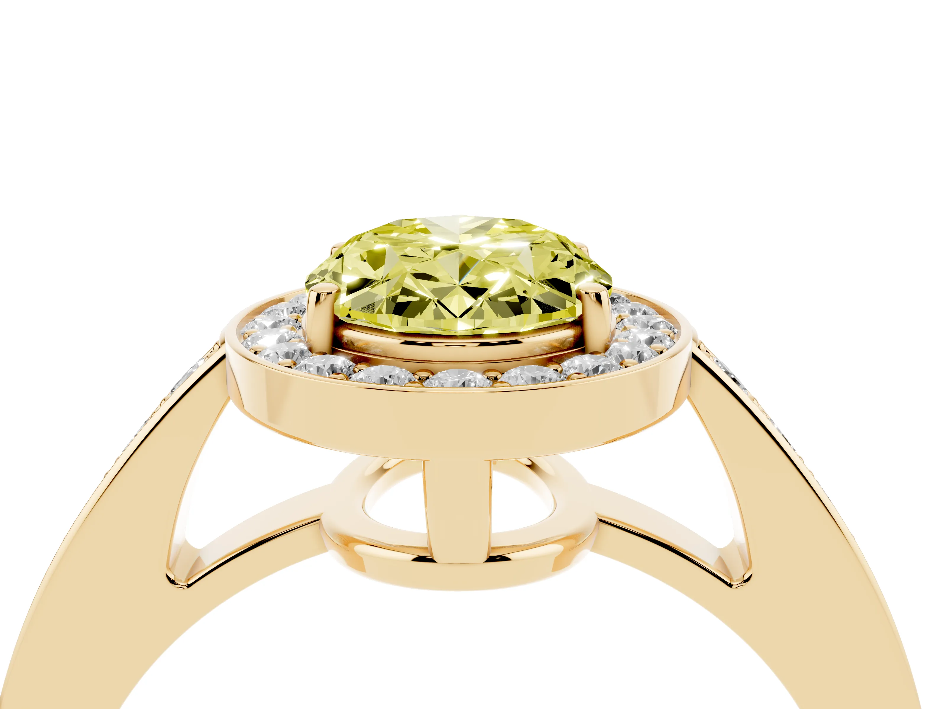 Fancy Yellow Oval Cut Diamond Halo Pavé Engagement Ring Set in Yellow gold with Bezel Setting