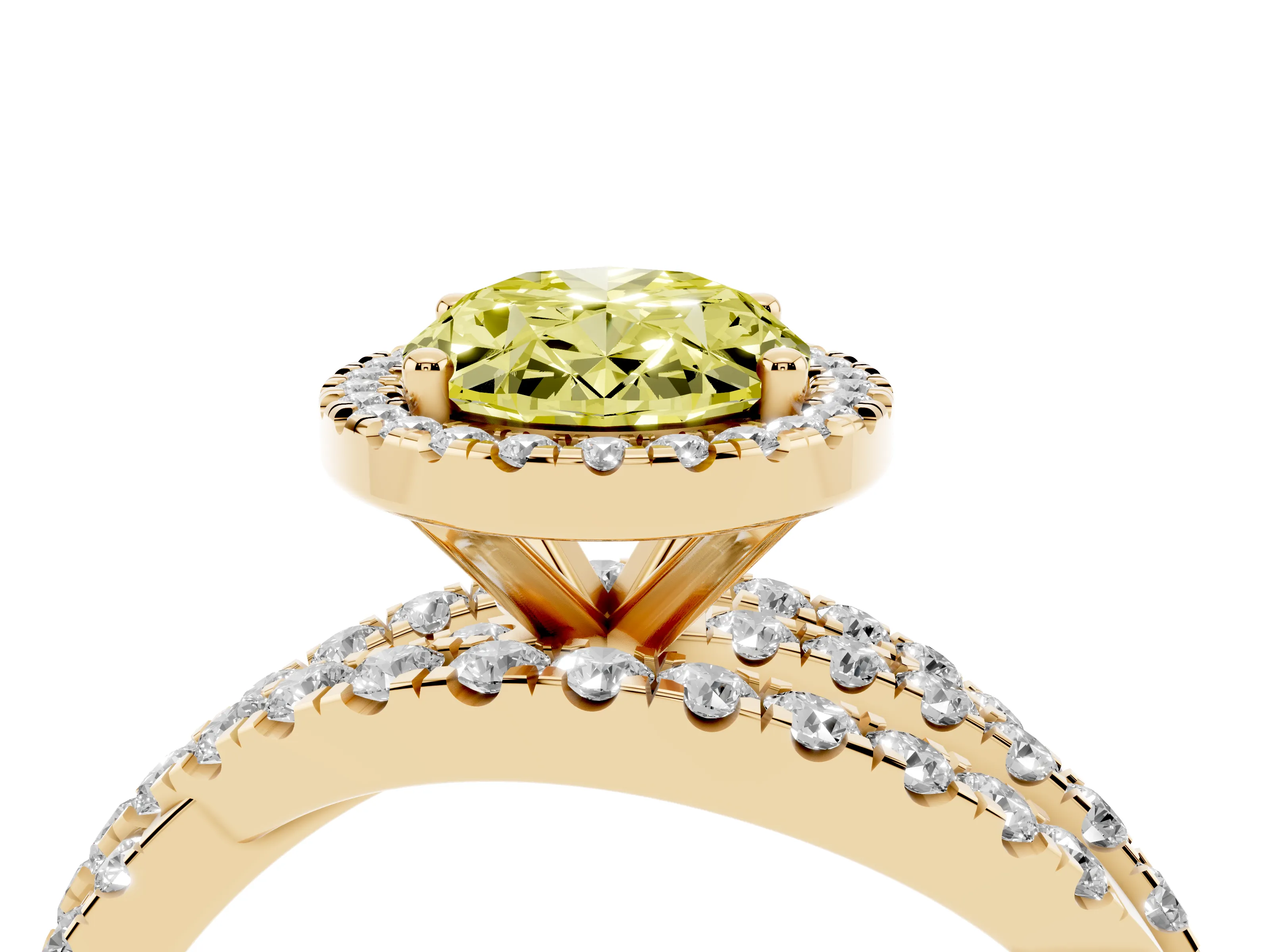 Fancy Yellow Oval Cut Diamond Halo Ring Set in Yellow gold with Round Crossover Split Shank and Prong Setting
