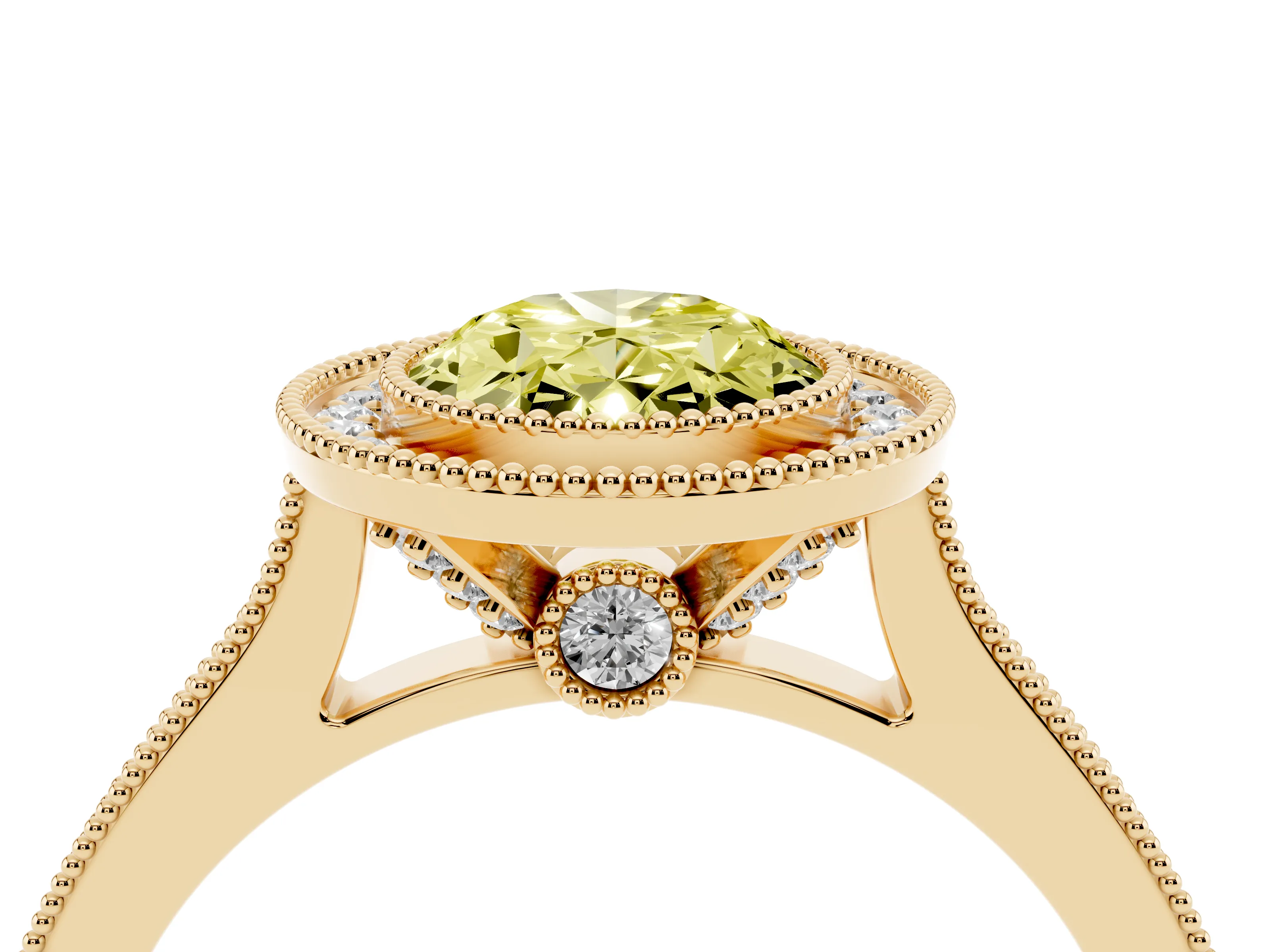 Fancy Yellow Oval Cut Diamond Halo Milgrain Pavé Band Ring Set in Yellow gold with Prong Setting