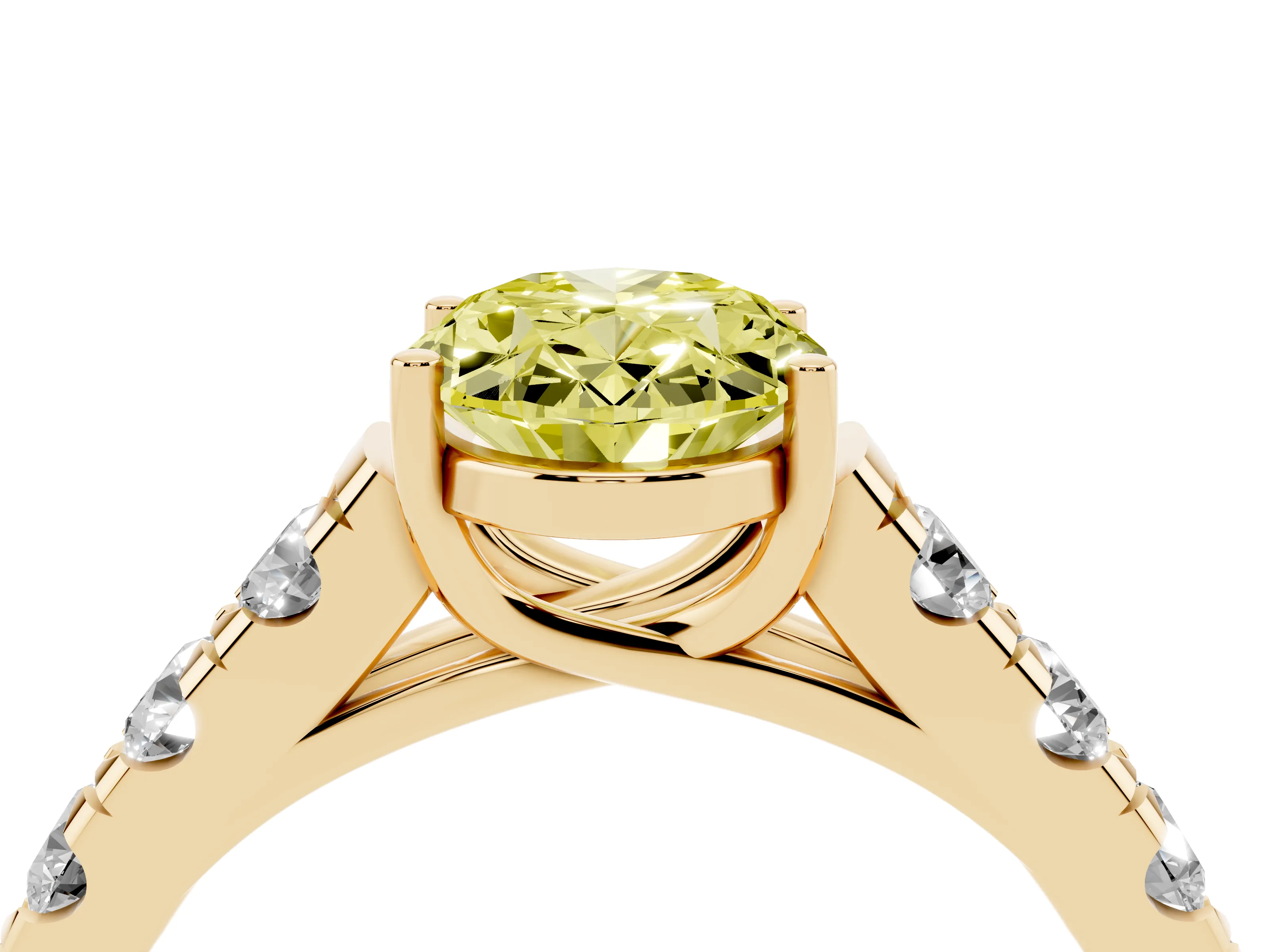 Fancy Yellow Oval Cut Diamond Solitaire Ring Set in Yellow gold with Cut-Down Micro Pavé Band and Prong Setting