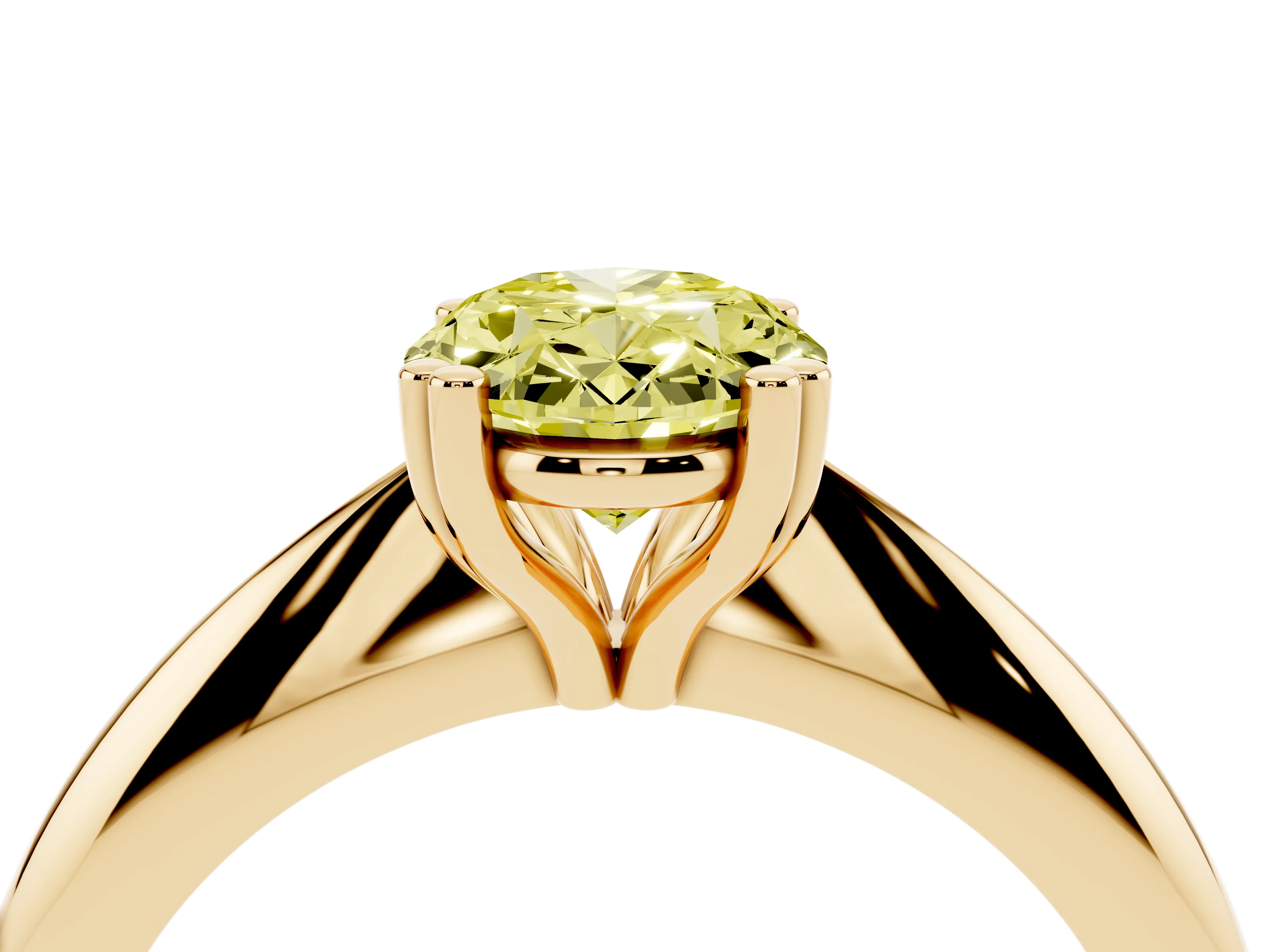 Fancy Yellow Oval Cut Diamond Solitaire Engagement Ring Set in Yellow gold with Tapered Band and Prong Setting
