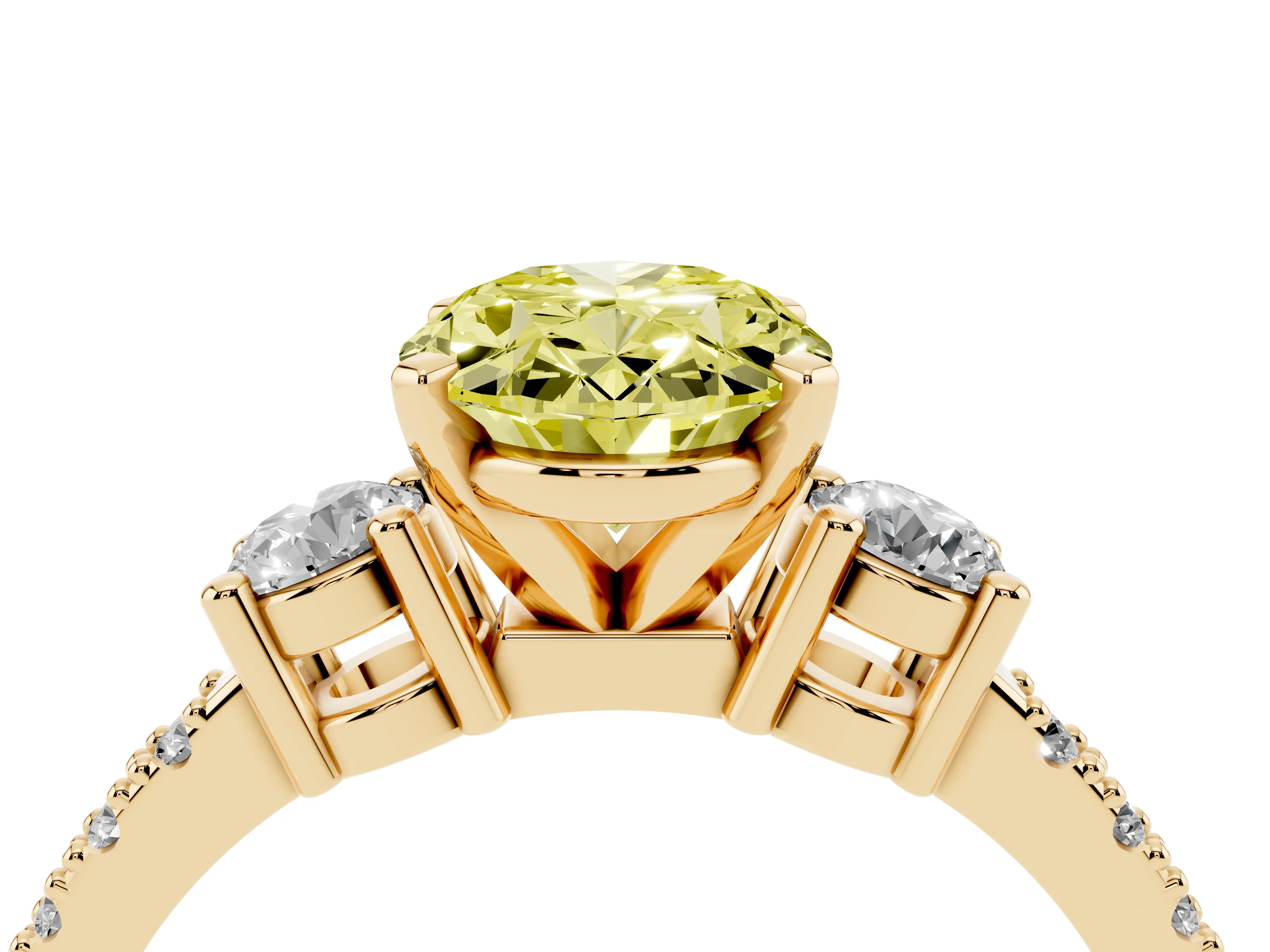 Fancy Yellow Three-Stone Oval Cut Diamond Pavé Band Ring Set in Yellow gold with Prong Setting