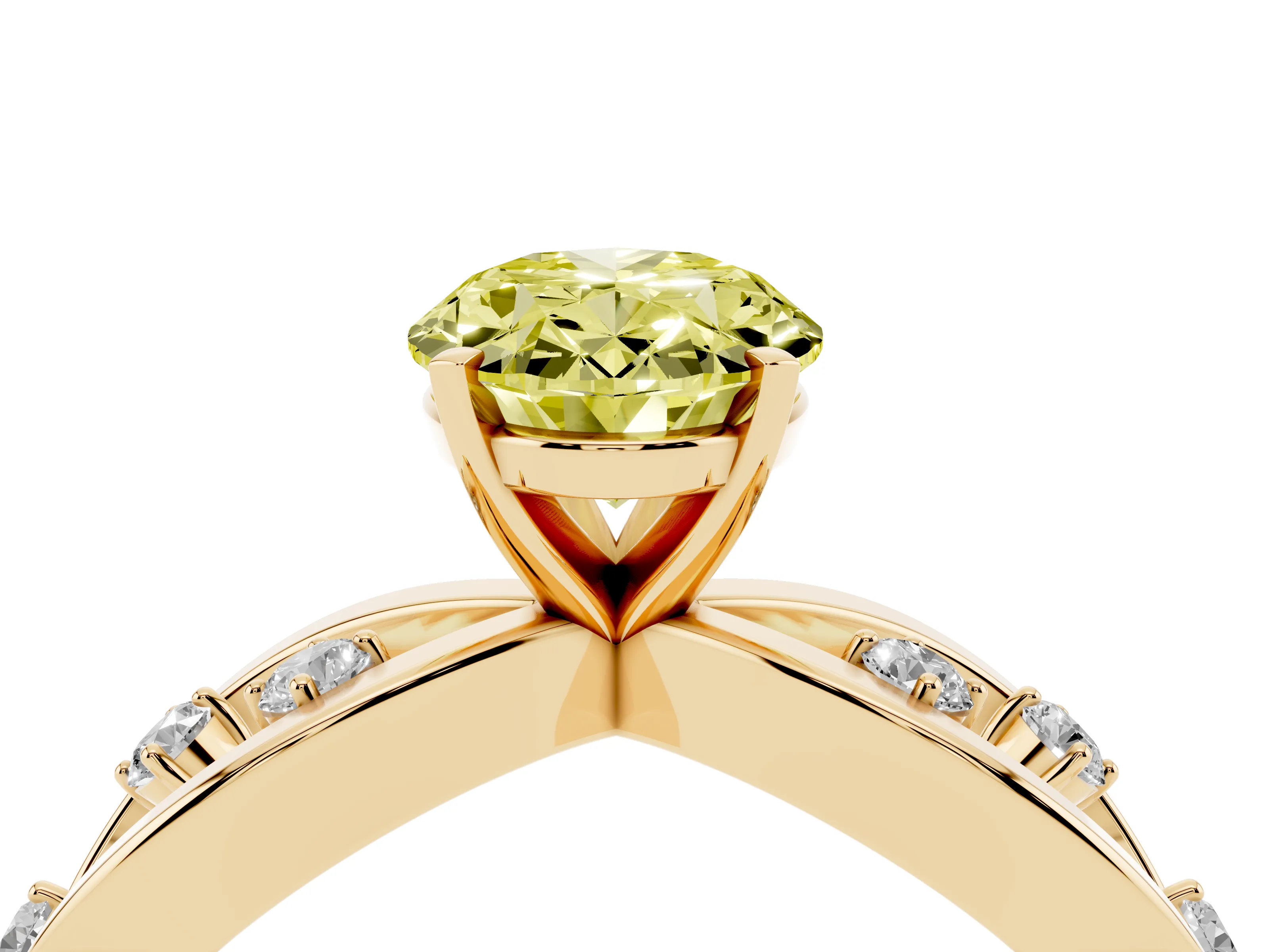 Fancy Yellow Oval Cut Diamond Solitaire Ring Set in Yellow gold with Side Stones on Criss-Cross Band and Prong Setting