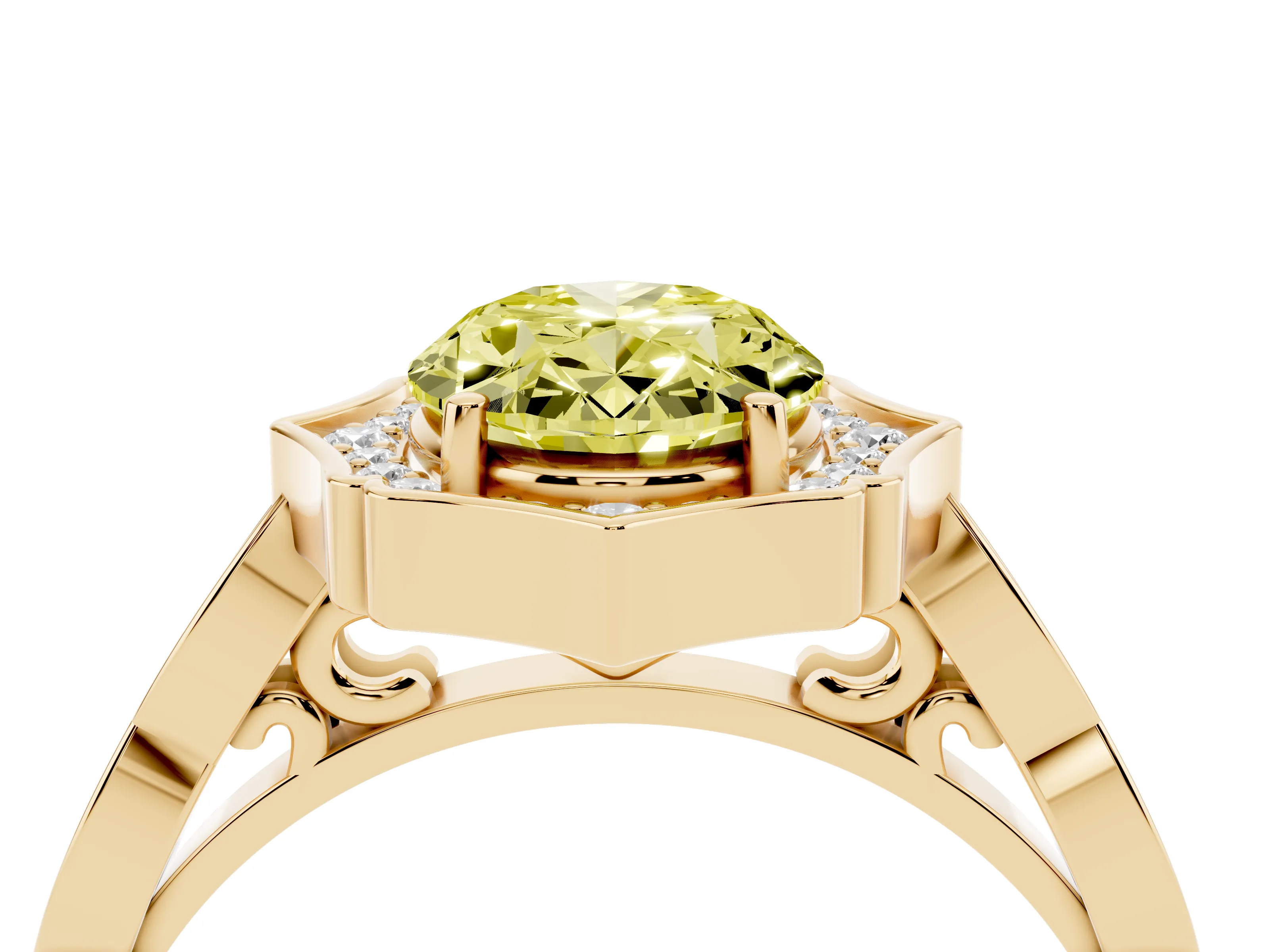 Fancy Yellow Oval Cut Diamond Halo Engagement Ring Set in Yellow gold with Milgrain Band and Prong Setting