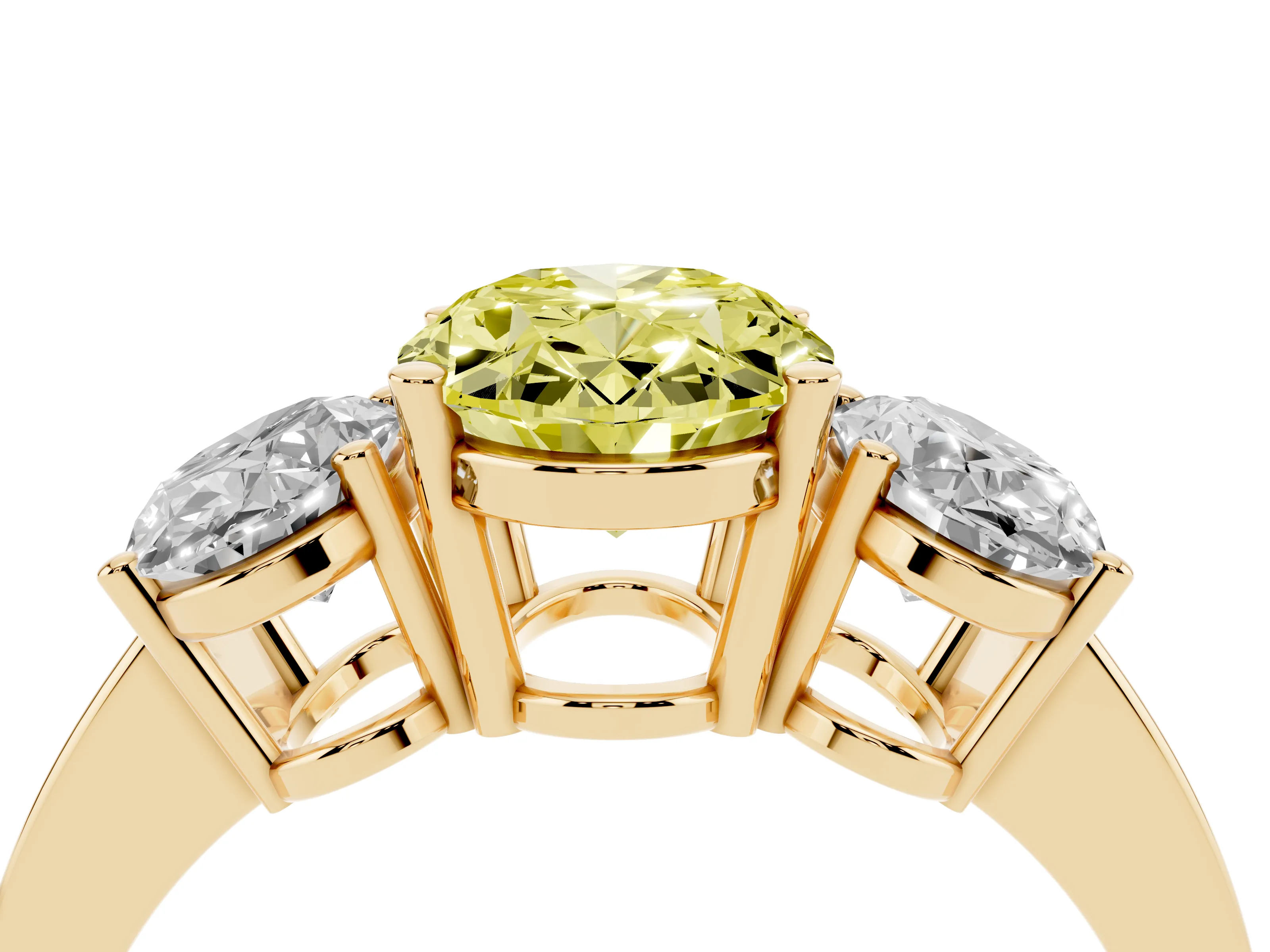 Fancy Yellow Oval Cut Diamond Three-Stone Engagement Ring Set in Yellow gold with Flat Band