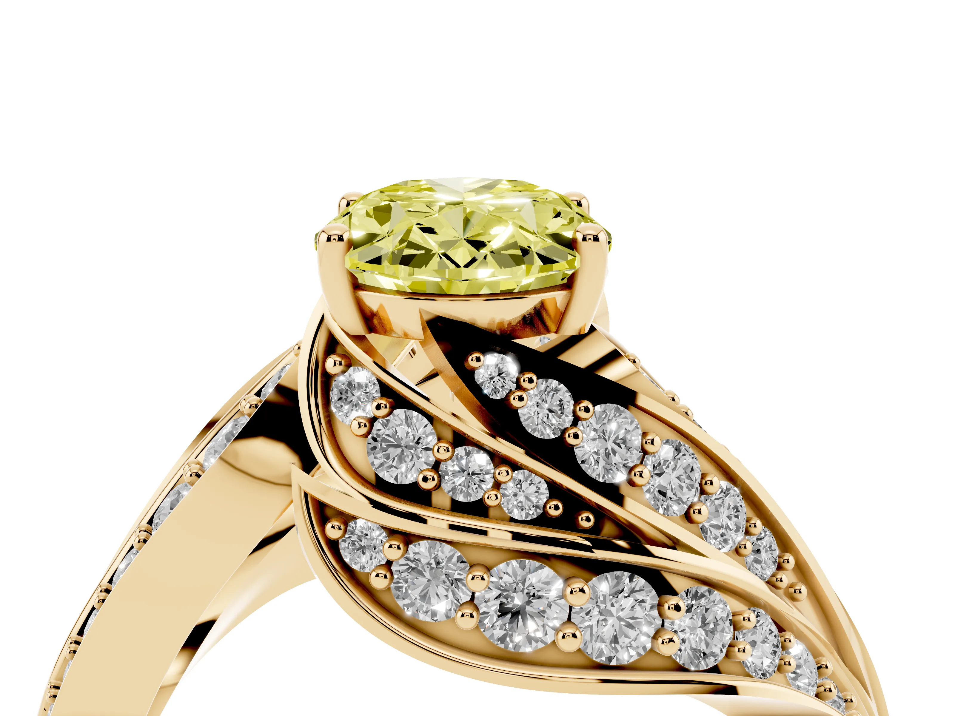 Fancy Yellow Oval Cut Diamond Solitaire Ring Set in Yellow gold with Layered Twist Pavé Band
