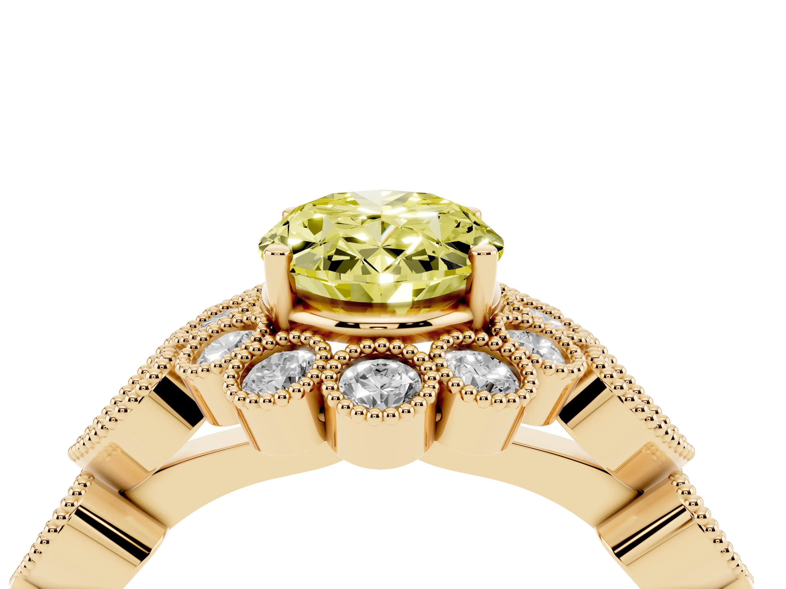 Fancy Yellow Oval Cut Diamond Solitaire Ring Set in Yellow gold with Milgrain Pavé Heart Band