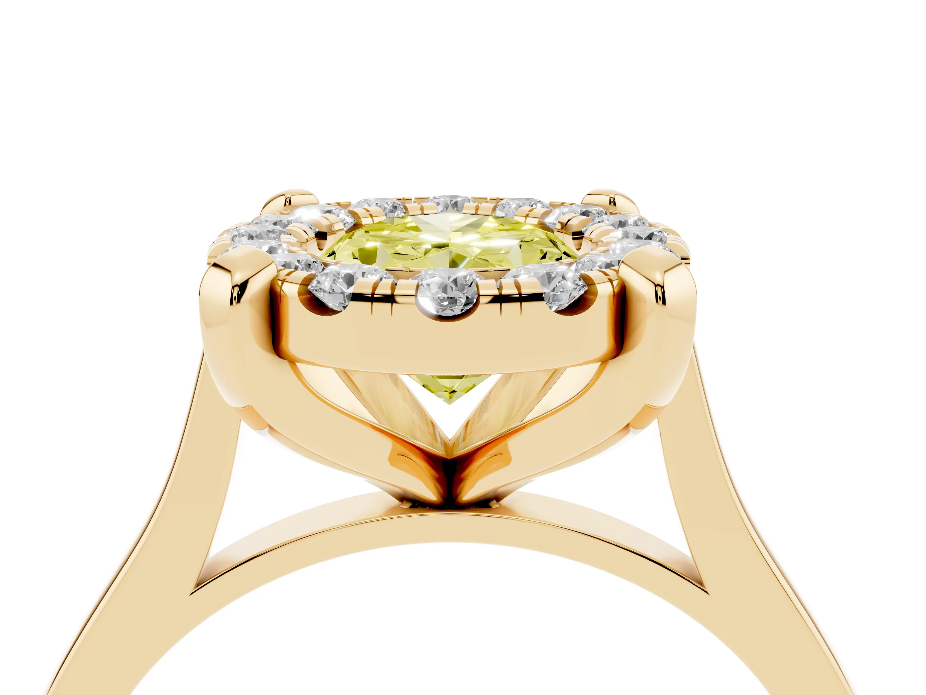 Fancy Yellow Oval Cut Diamond Cluster Halo Solitaire Ring Set in Yellow gold with Prong Setting