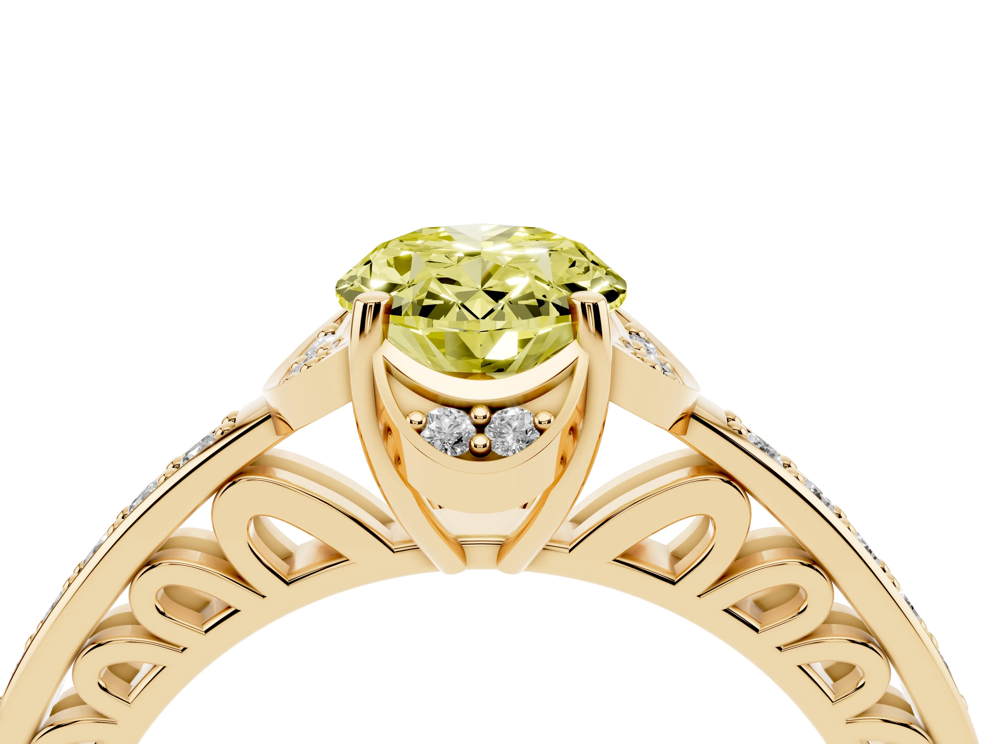 Fancy Yellow Oval Cut Diamond Halo Ring Set in Yellow gold with Channel Set Band and Prong Setting