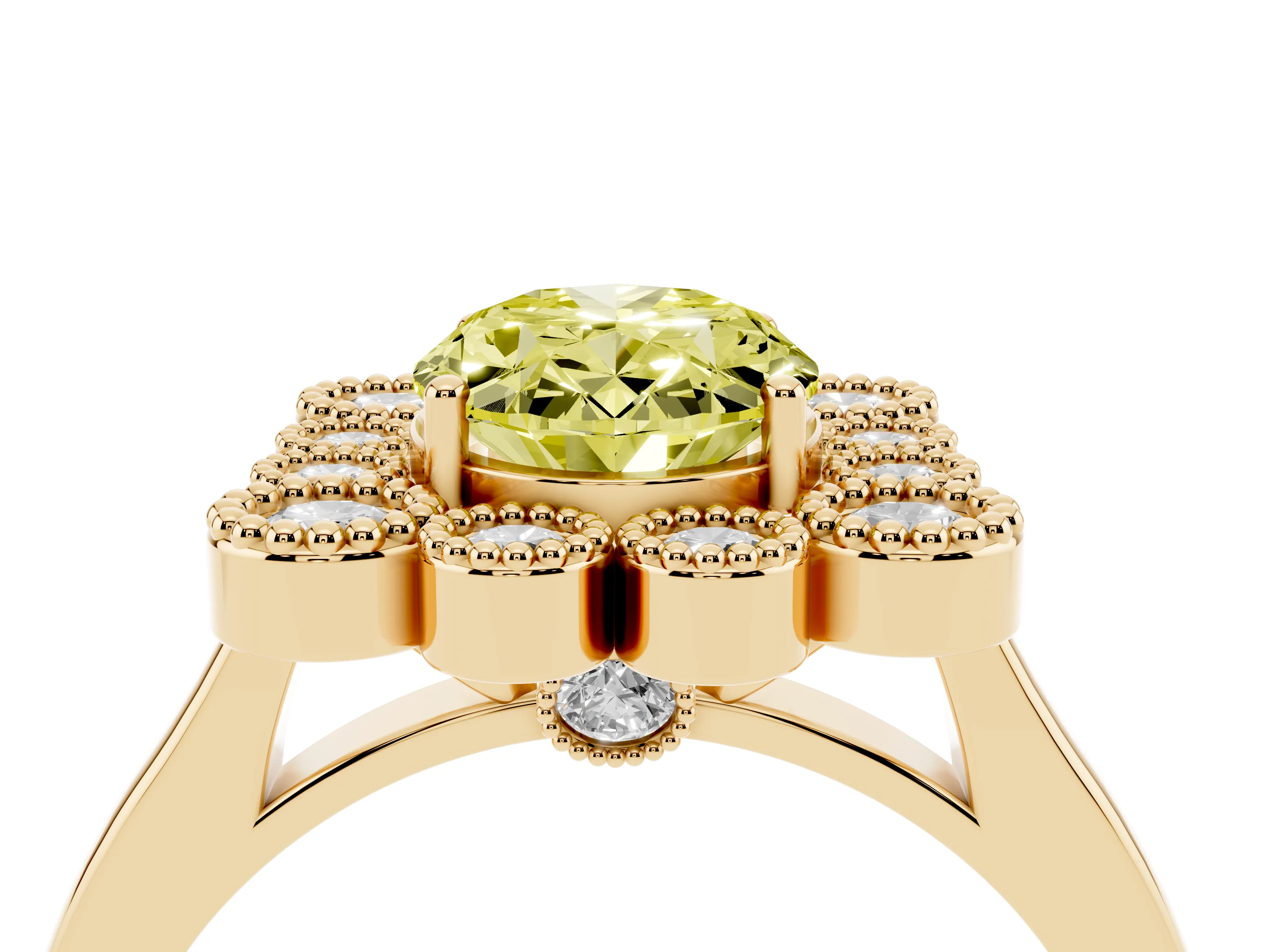 Fancy Yellow Oval Cut Diamond Cluster Halo Ring Set in Yellow gold with Milgrain Bezel Accents and Plain Band