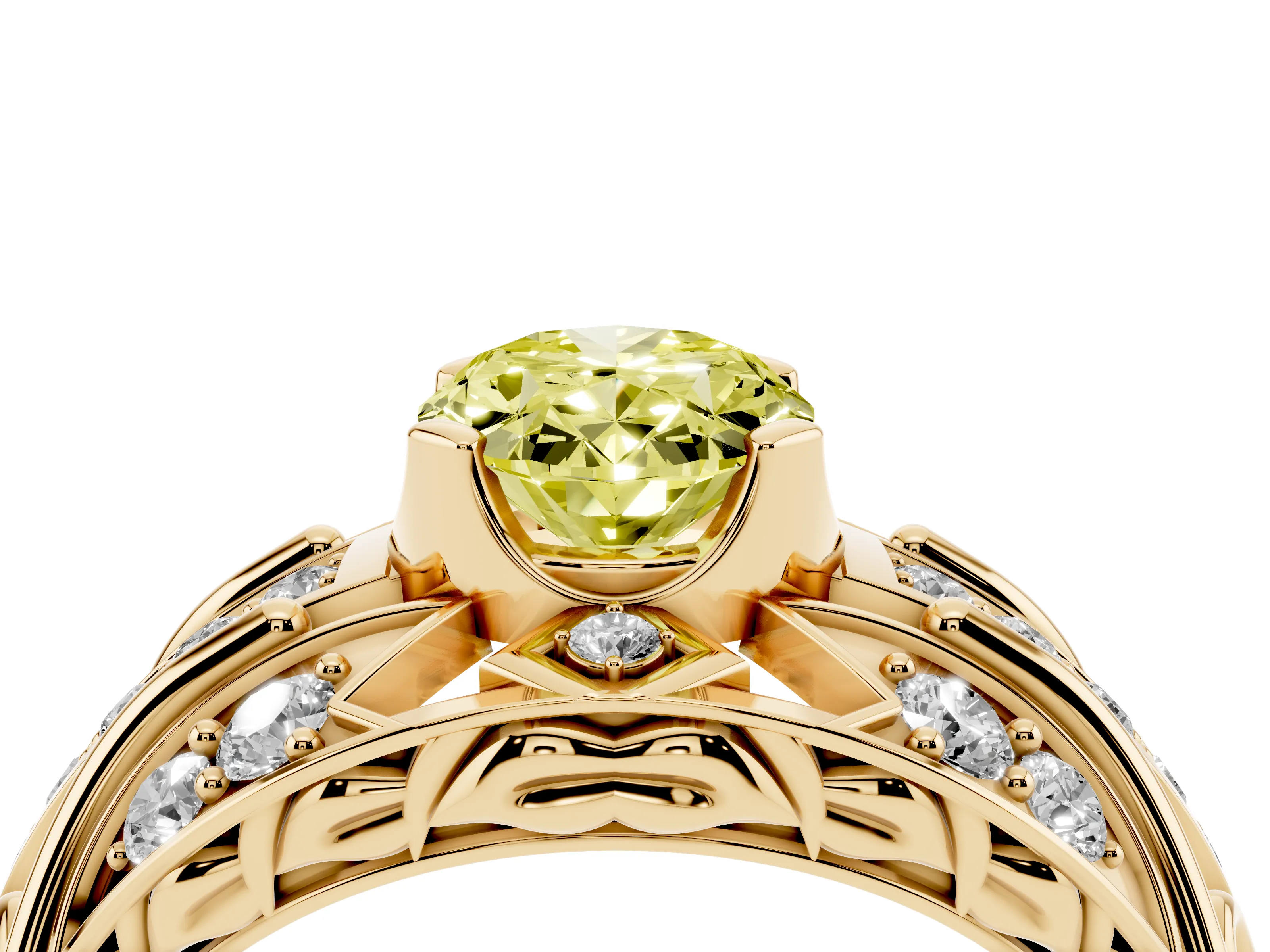 Fancy Yellow Oval Cut Diamond Art Deco Ring Set in Yellow gold with Pavé Split Shank