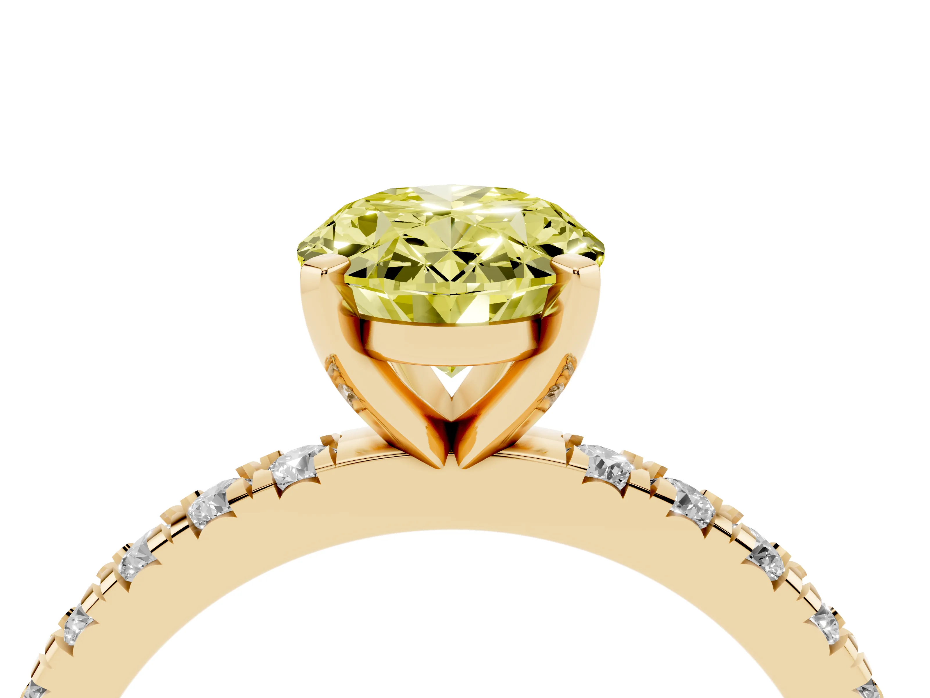 Fancy Yellow Oval Cut Diamond Pavé Band Solitaire Set in Yellow gold with Prong Setting