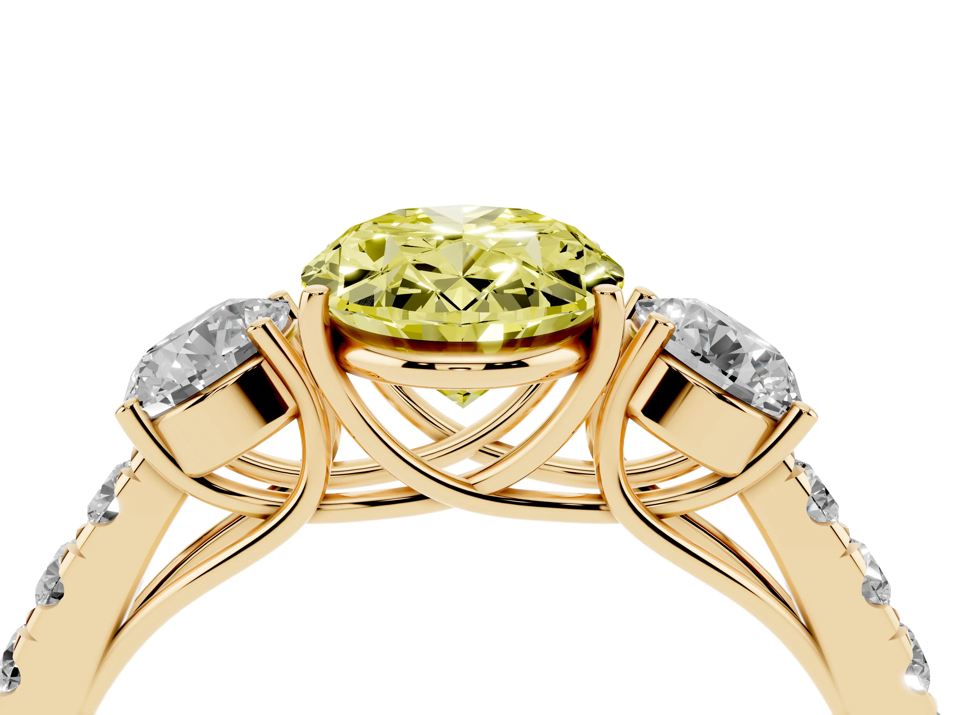 Fancy Yellow Oval Cut Diamond Three-Stone Ring Set in Yellow gold with Round Side Stones and Delicate Pavé Band
