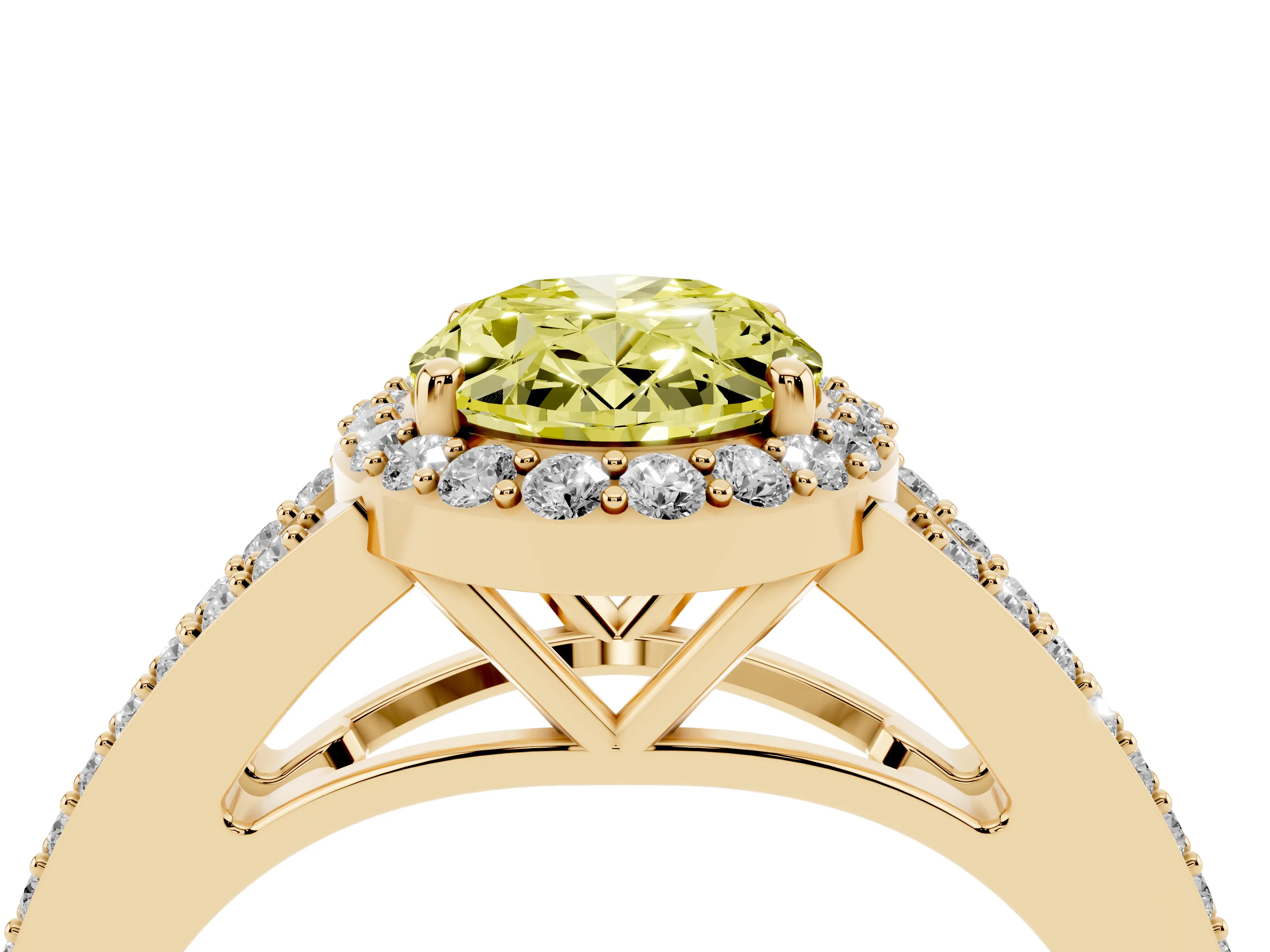 Fancy Yellow Oval Cut Diamond Halo Split Shank Ring Set in Yellow gold with Accent Stones and Prong Setting
