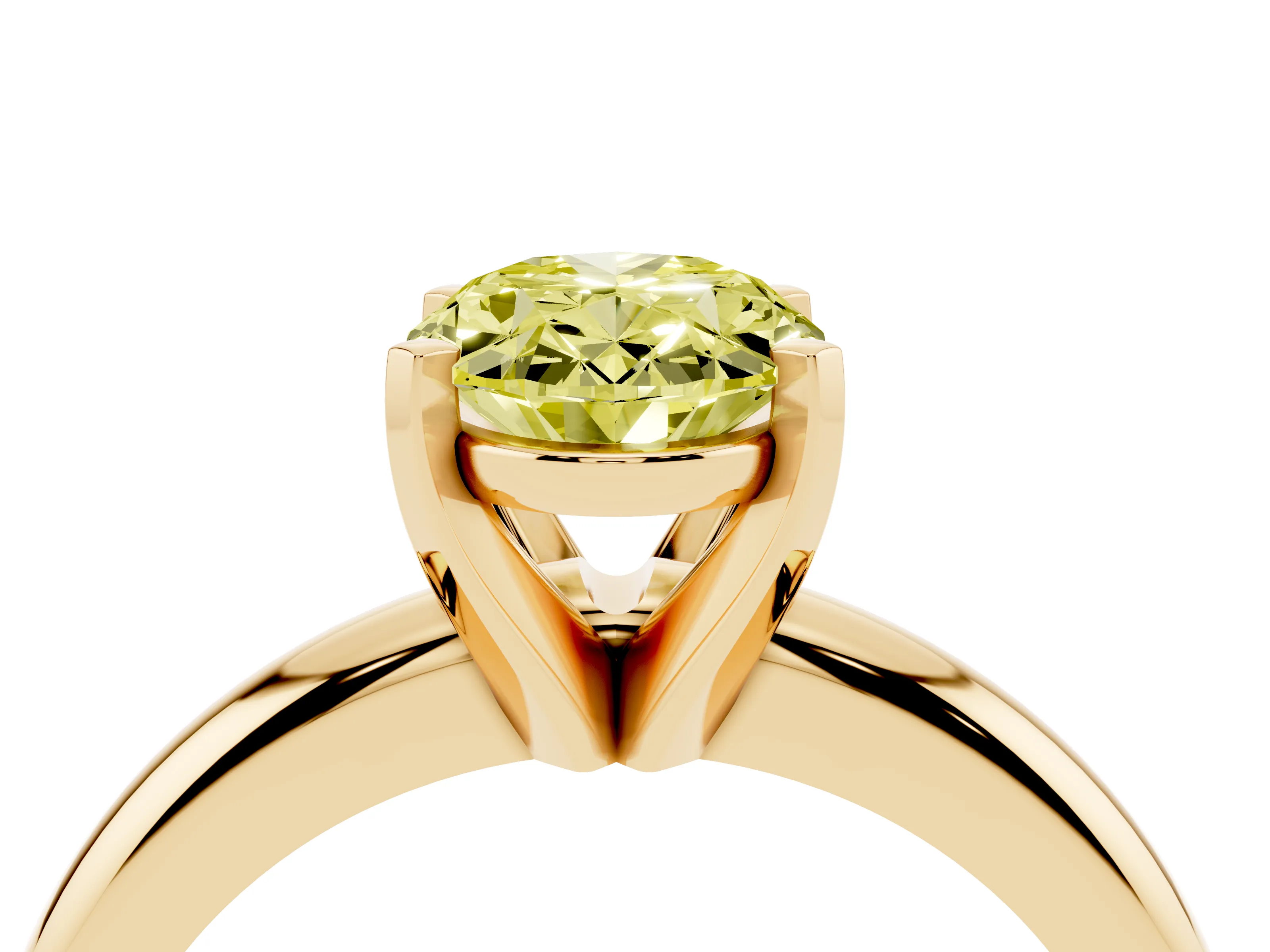 Fancy Yellow Oval Cut Diamond Solitaire Engagement Ring Set in Yellow gold with Round Band and Prong Setting