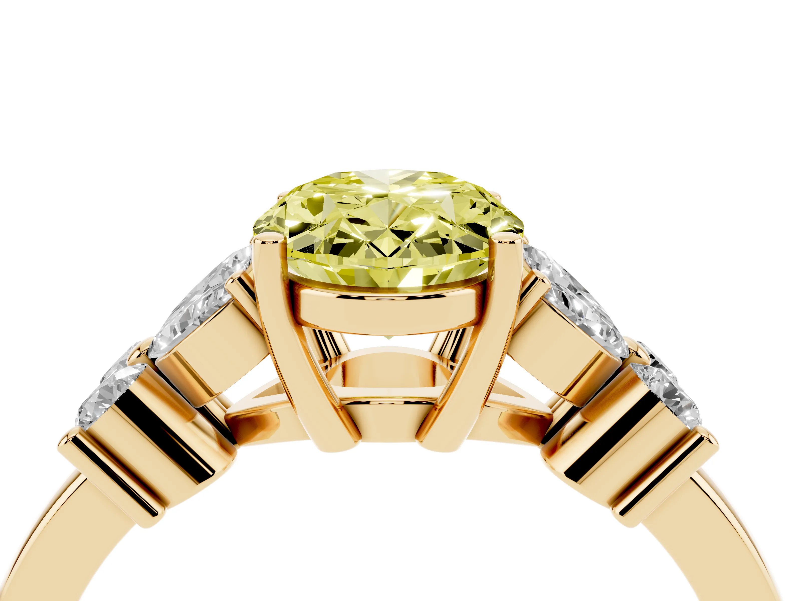 Fancy Yellow Oval Cut Diamond Floral Cluster Ring Set in Yellow gold with Marquise Petals and Prong Setting