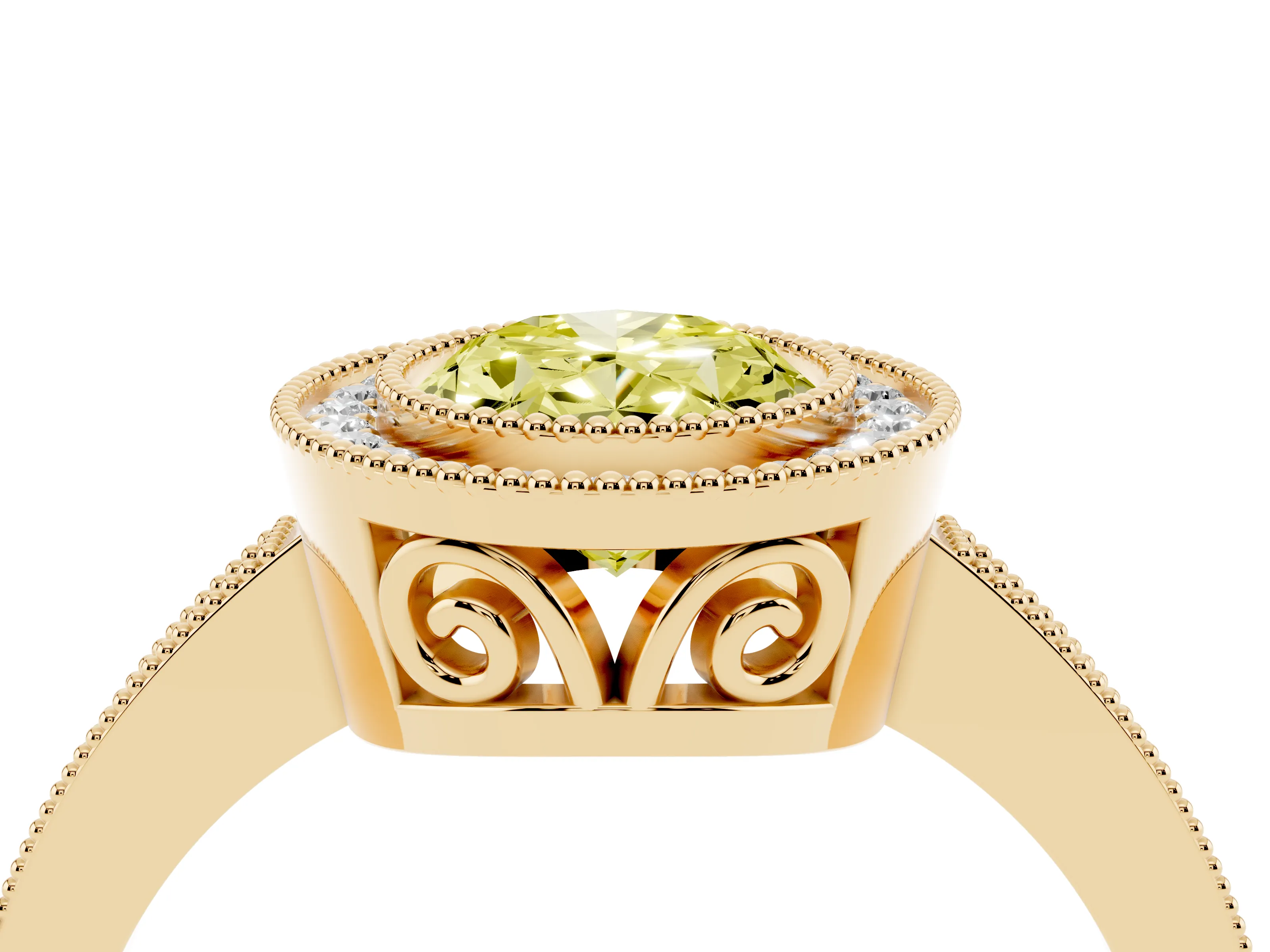Fancy Yellow Oval Cut Diamond Halo Ring Set in Yellow gold with Pavé Band and Milgrain-Edged Prongs