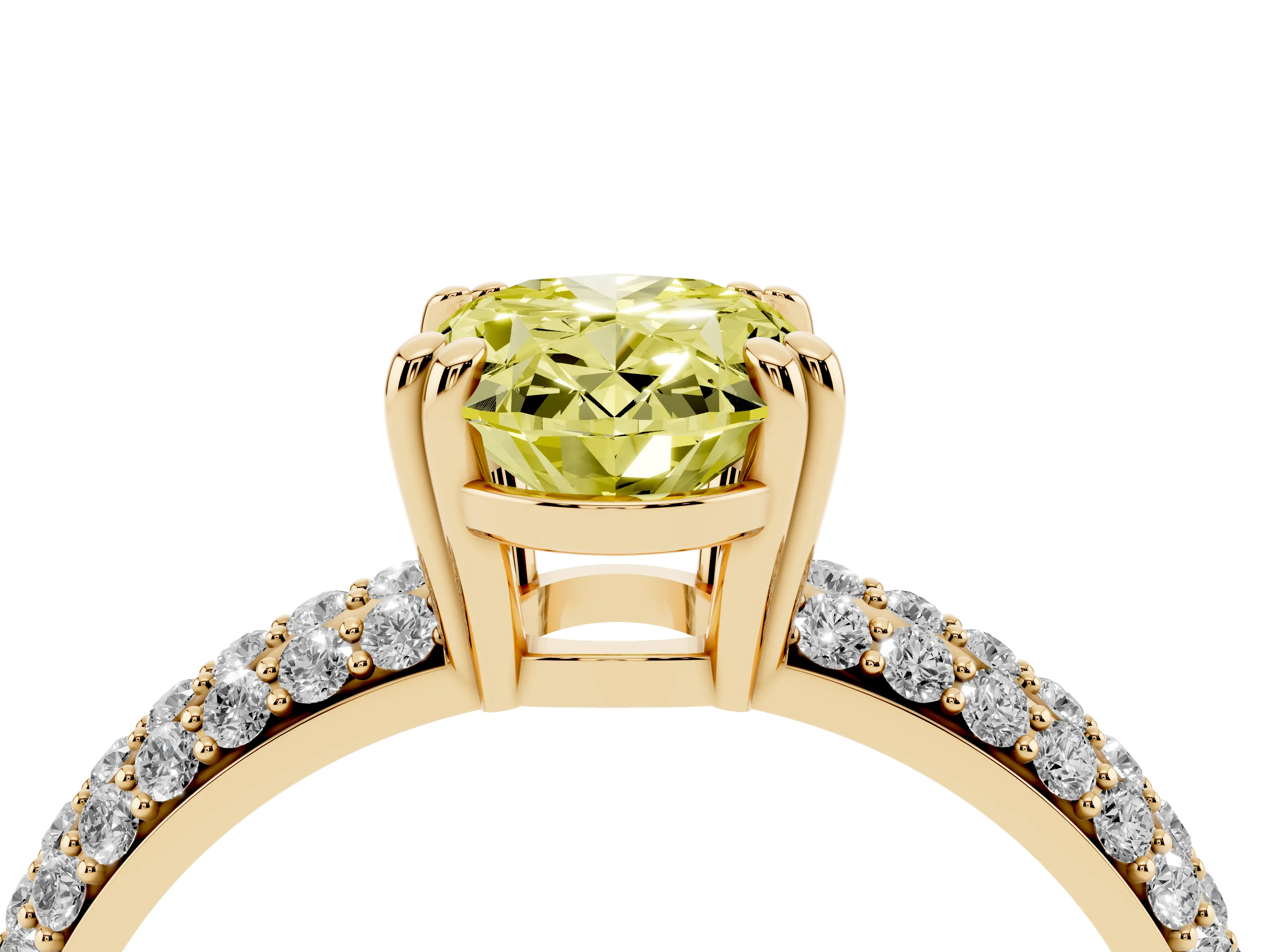 Fancy Yellow Oval Cut Diamond Solitaire Ring Set in Yellow gold with Multi-Row Round Pavé Band and Prong Setting