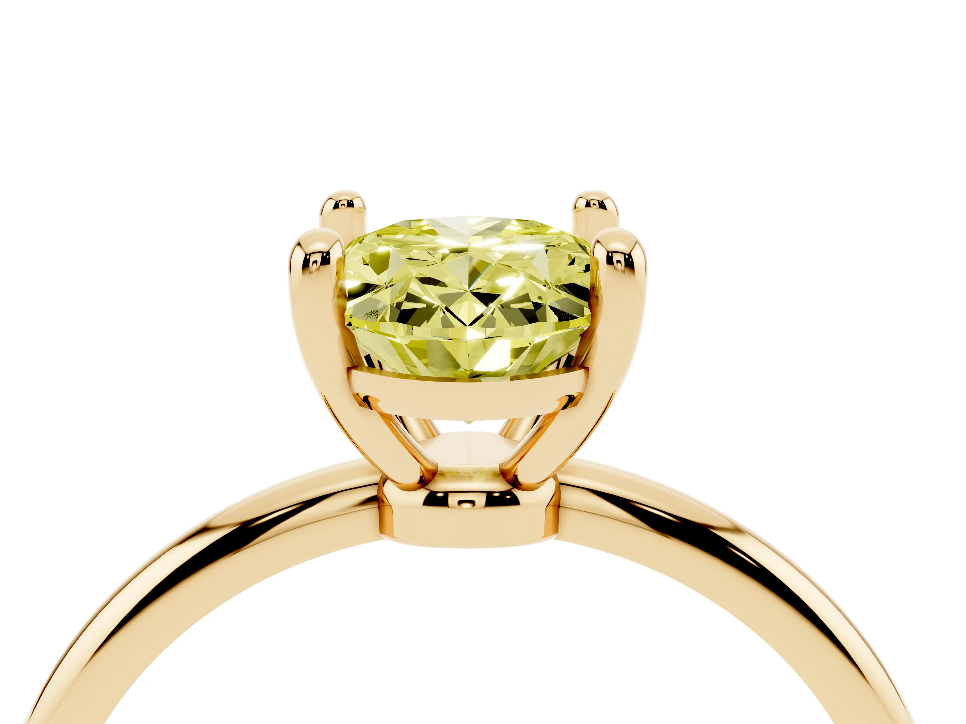 Fancy Yellow Oval Cut Diamond Solitaire Ring Set in Yellow gold with Secure Prong Setting on a Classic Band