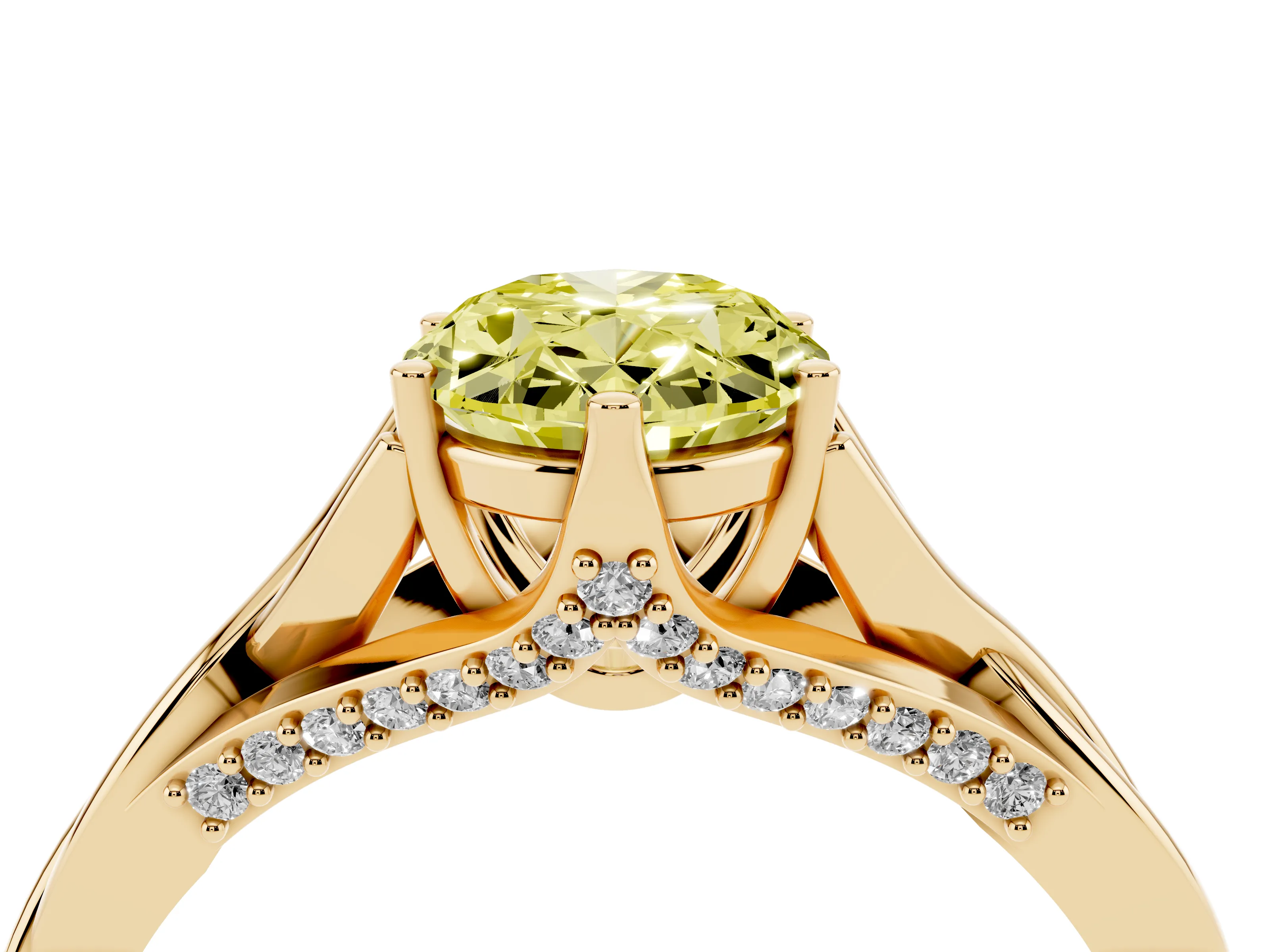 Fancy Yellow Oval Cut Diamond Intertwined Twist Band Solitaire Ring Set in Yellow gold with Prong Setting