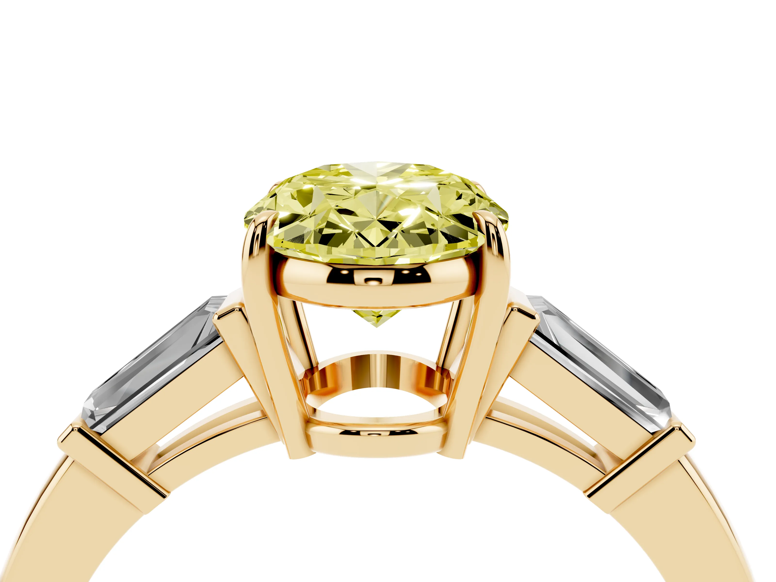 Fancy Yellow Oval Cut Diamond Three-Stone Ring Set in Yellow gold with Tapered Baguette Side Stones and Prong Setting