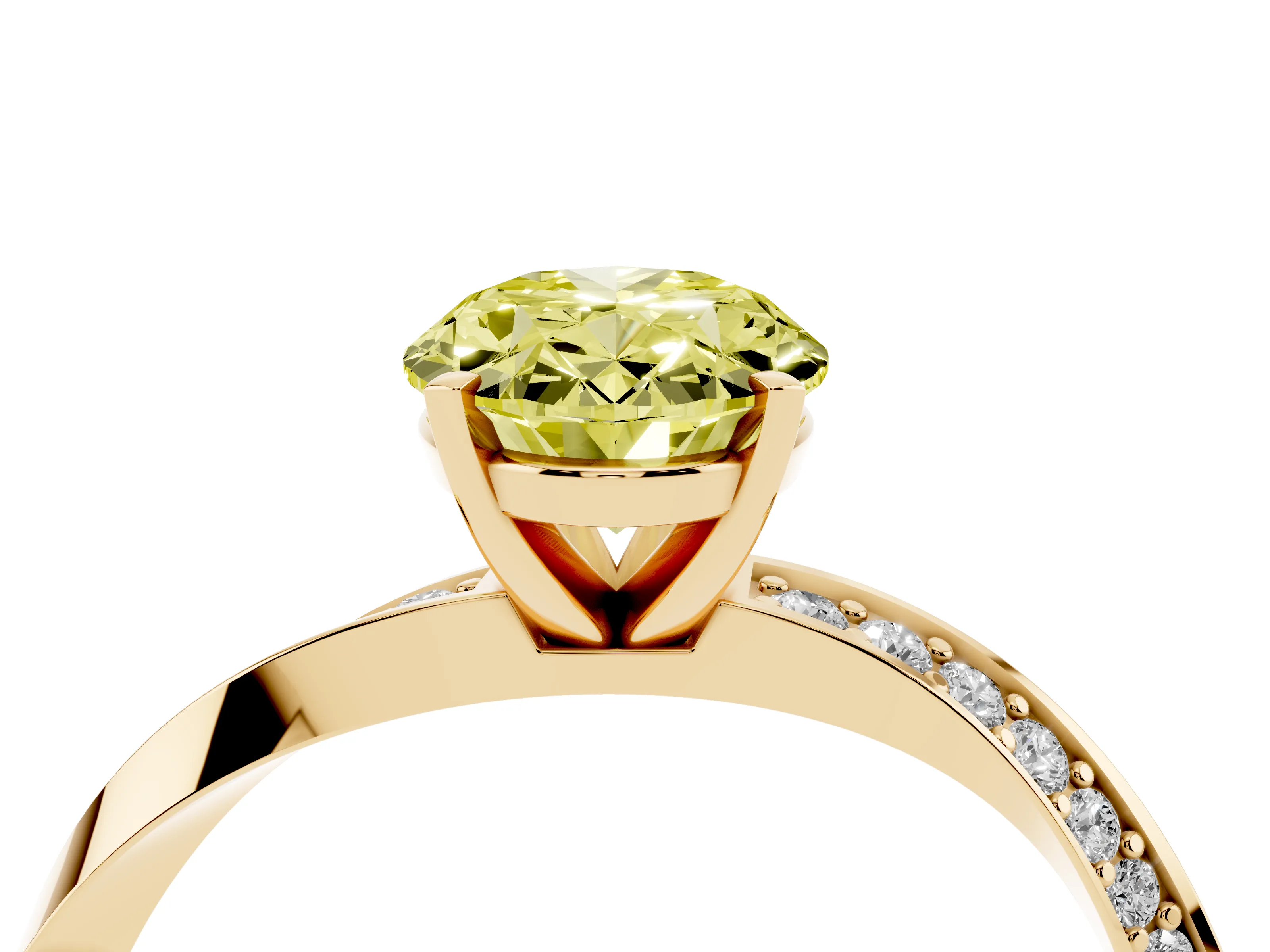 Fancy Yellow Oval Cut Diamond Engagement Ring Set in Yellow gold with Side Stone Accents and Prong Setting