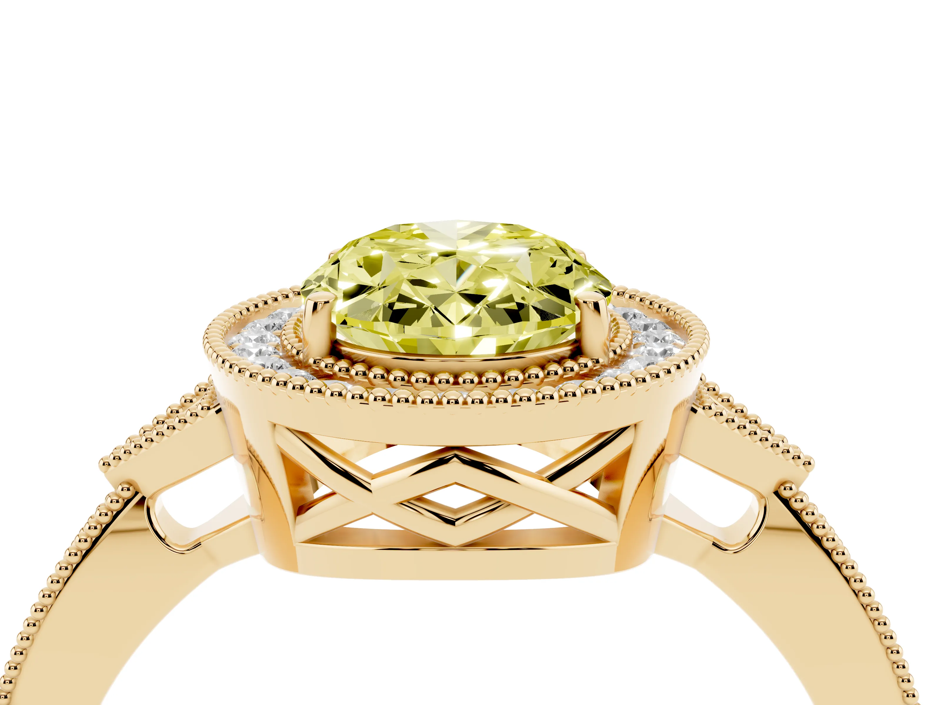 Fancy Yellow Oval Cut Diamond Halo Engagement Ring Set in Yellow gold with Milgrain Pavé Band