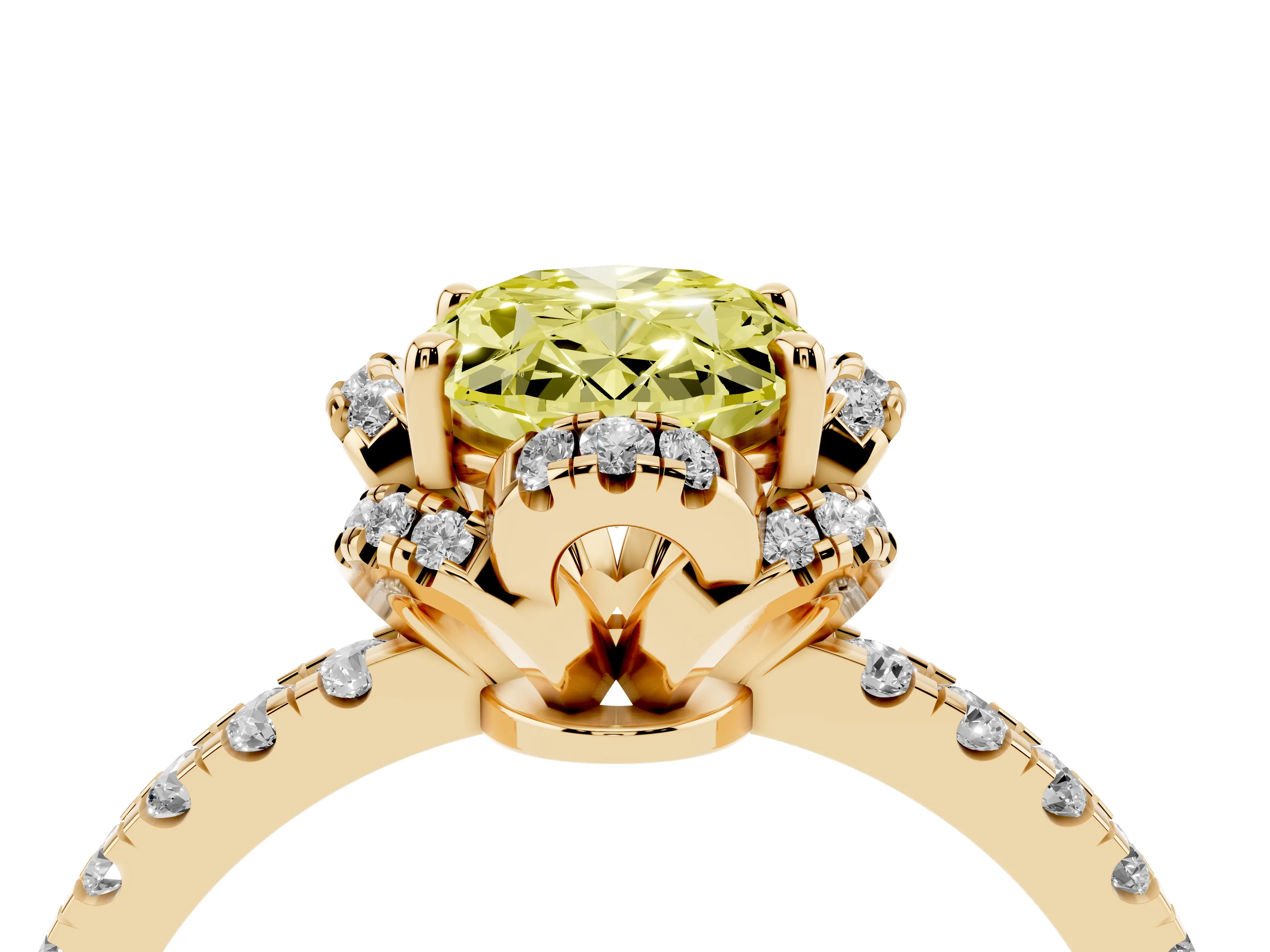 Fancy Yellow Oval Cut Diamond Halo Pavé Band Ring Set in Yellow gold with Prong-Held Center