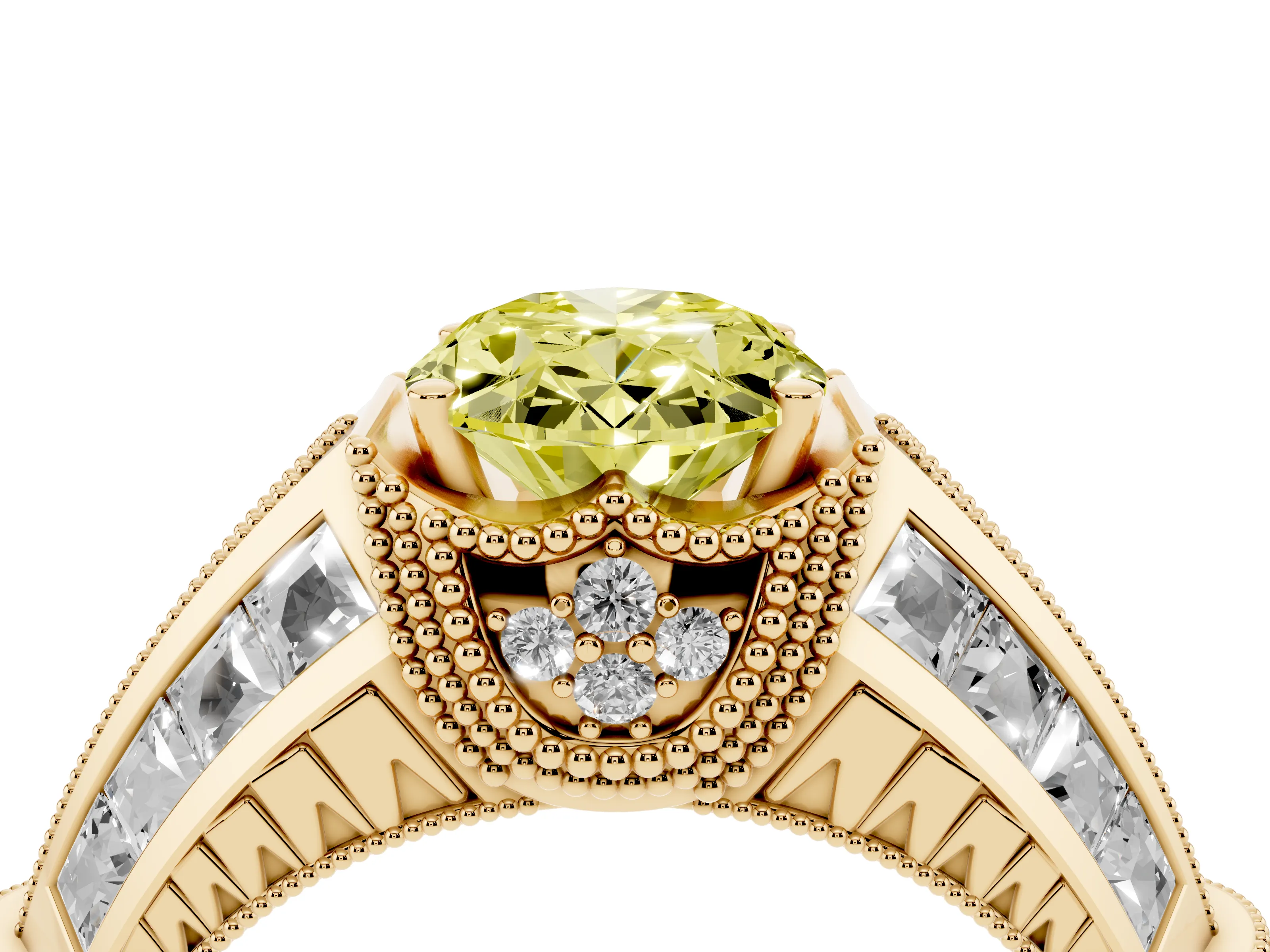 Fancy Yellow Oval Cut Diamond Vintage-Inspired Milgrain Ring Set in Yellow gold with Accent Split Shank