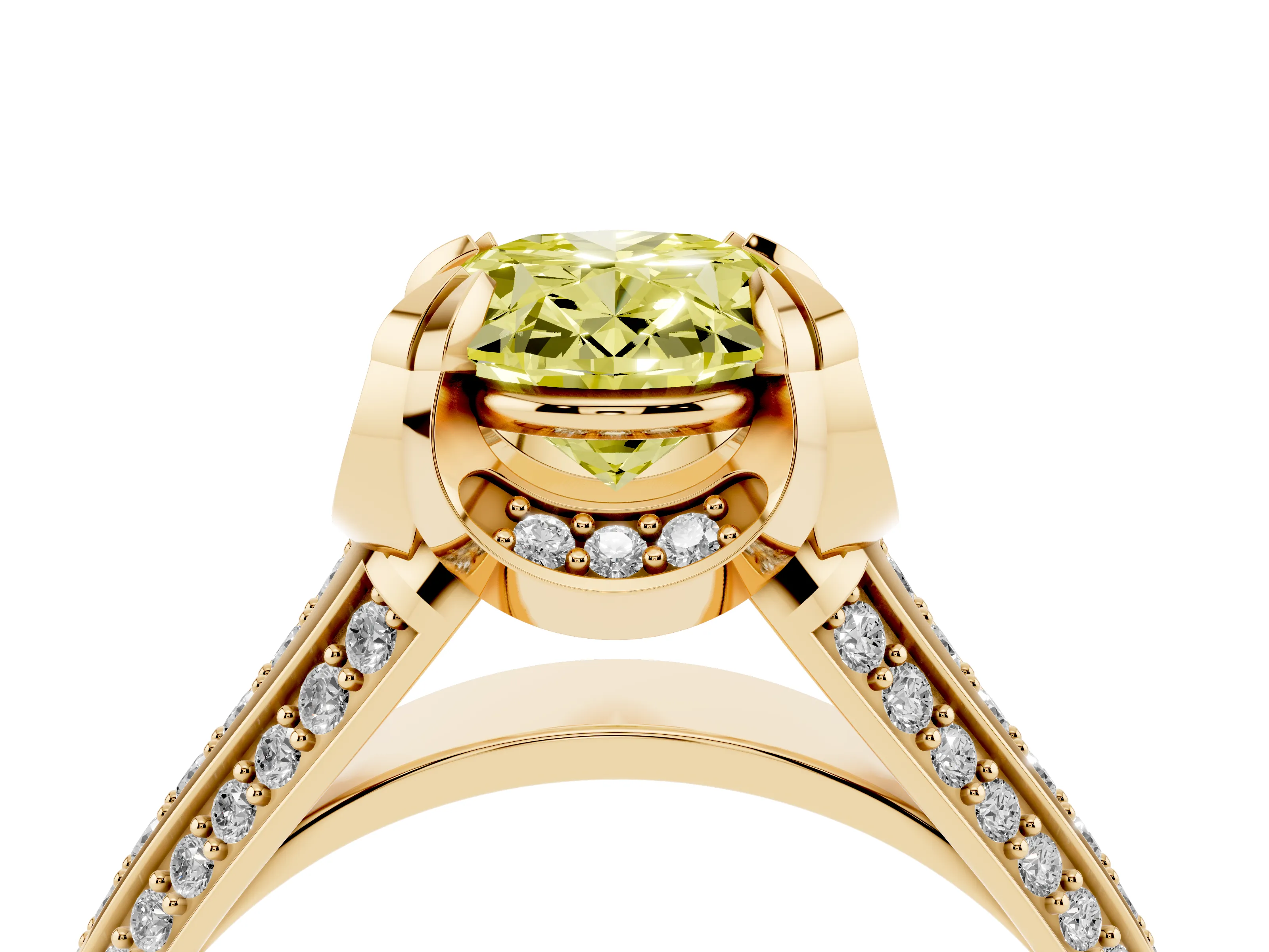 Fancy Yellow Oval Cut Diamond Pavé Split Shank Solitaire Ring Set in Yellow gold with Prong Setting