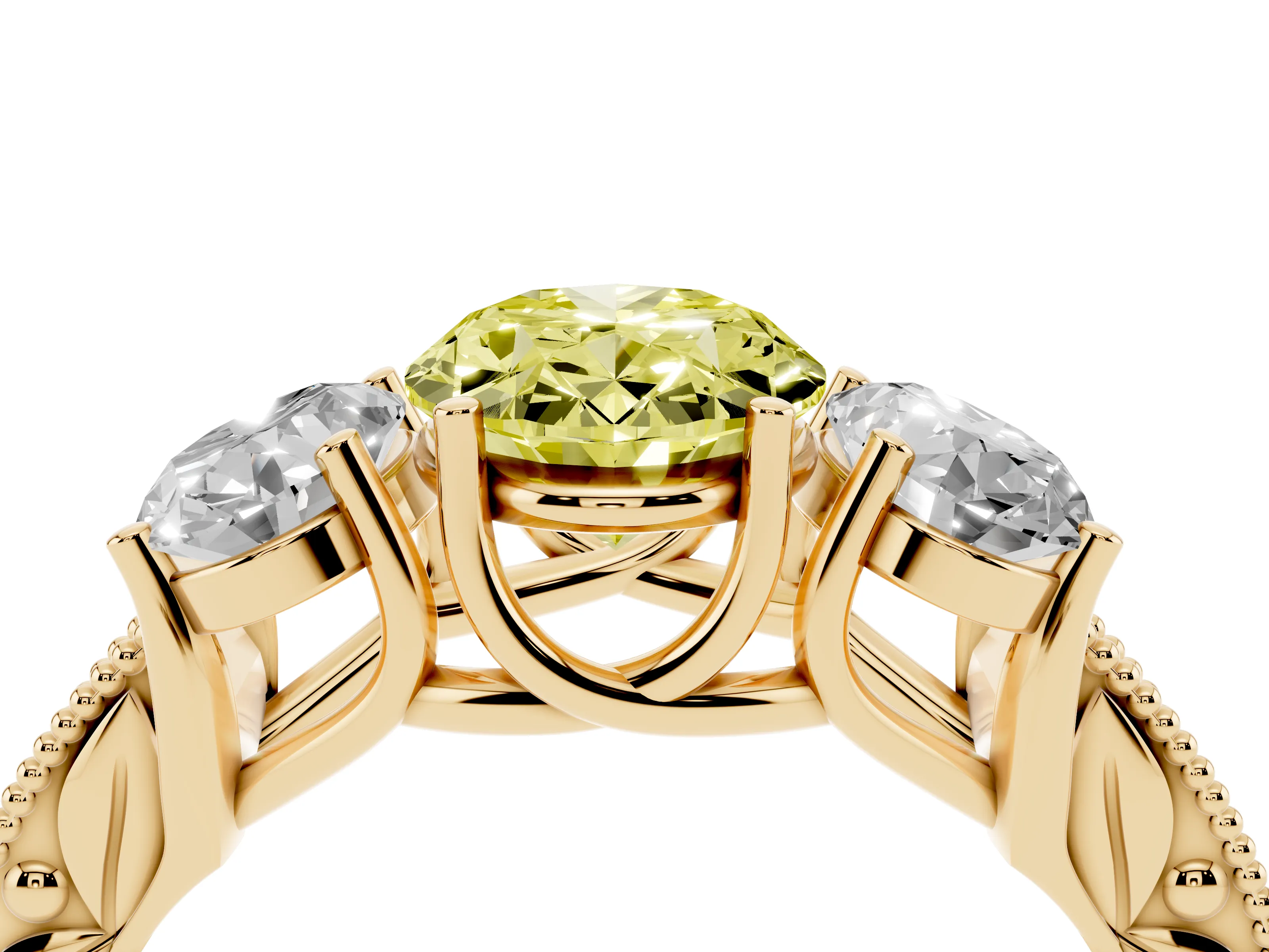 Fancy Yellow Oval Cut Diamond Three-Stone Engagement Ring Set in Yellow gold with Milgrain Pavé Band