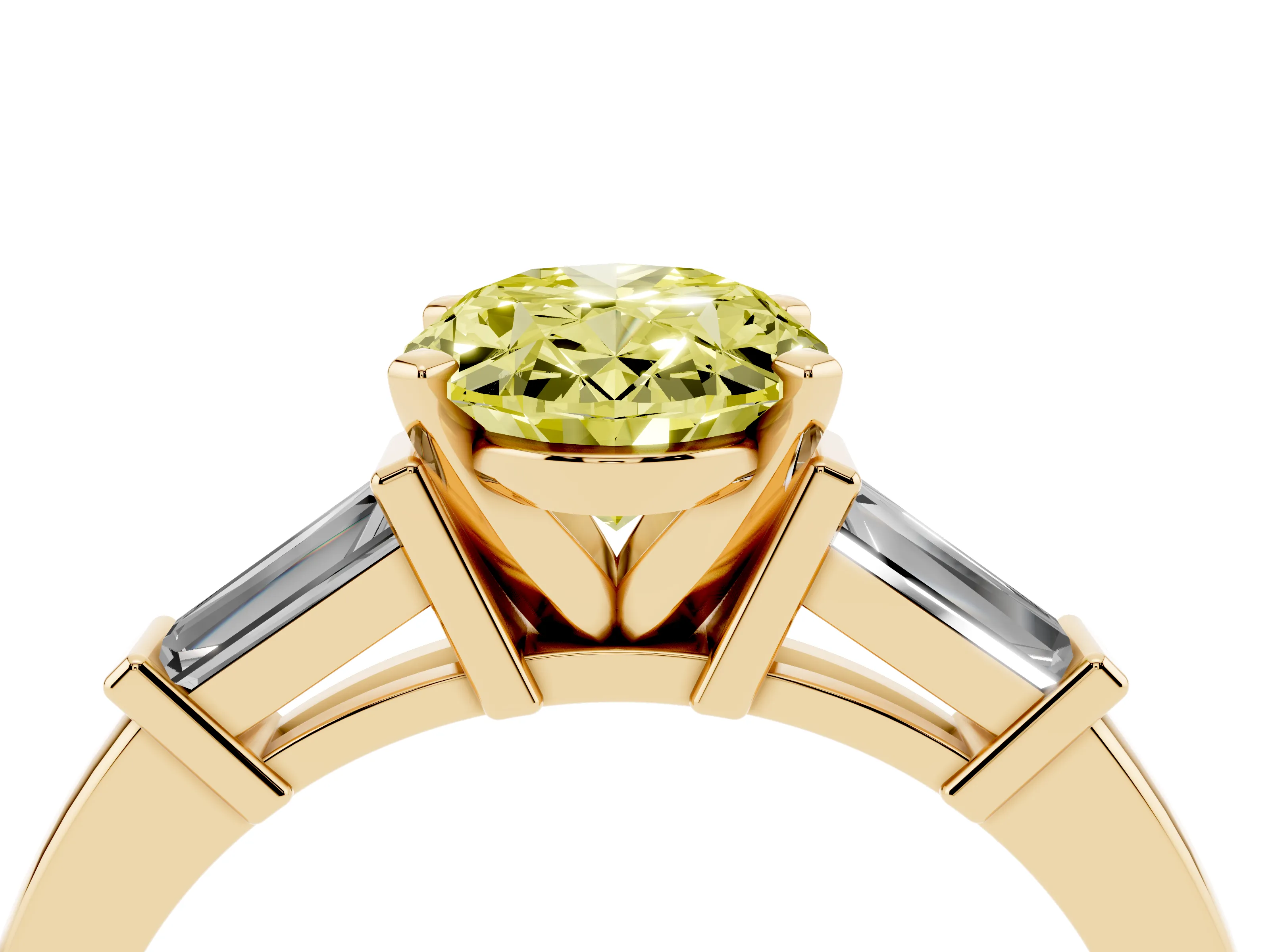 Fancy Yellow Oval Cut Diamond Solitaire Ring Set in Yellow gold with Tapered Baguette Accents and Prong Setting